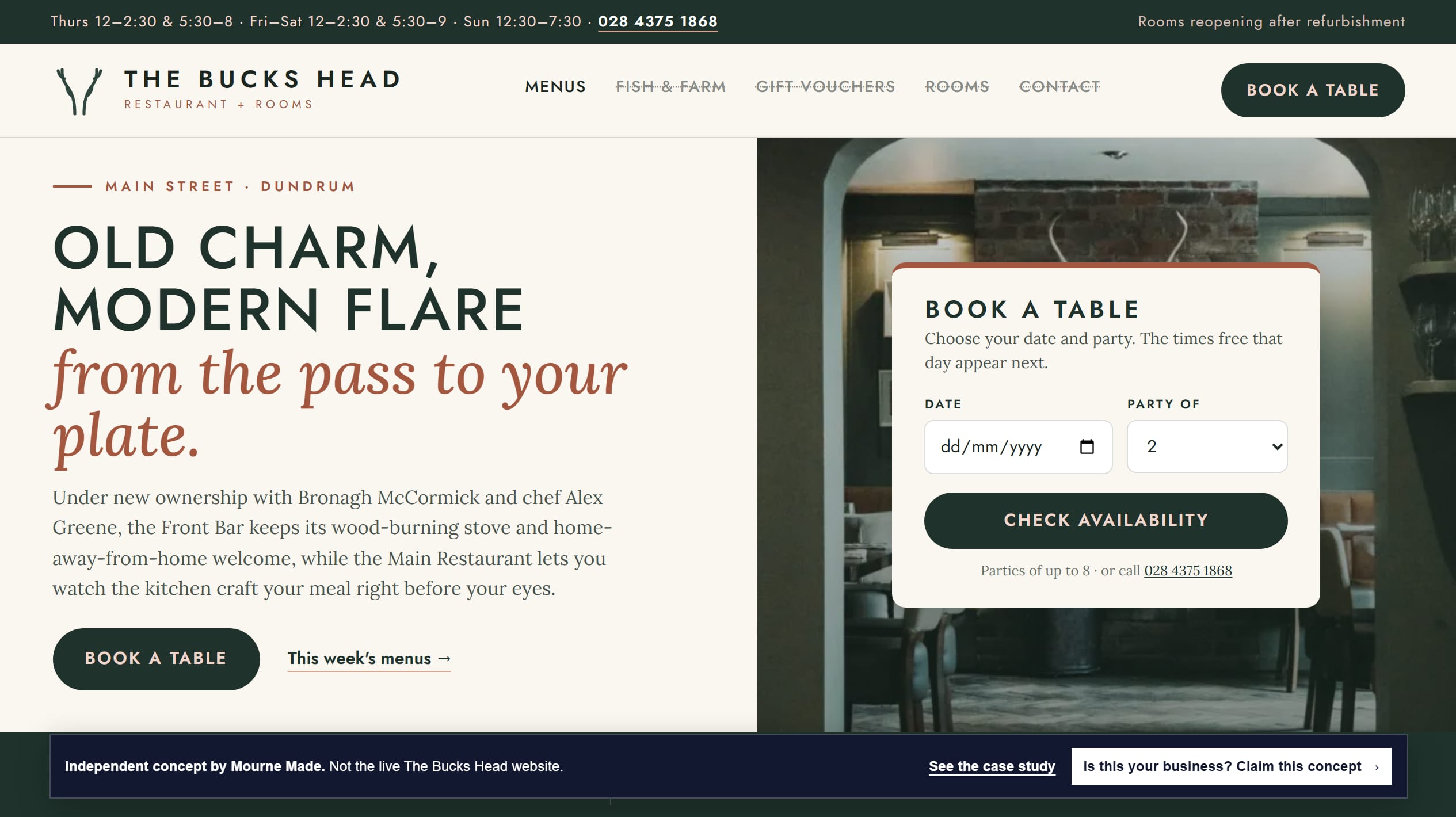 Mourne Made concept opening in the pub's own spruce green and blush pink, with the Old Charm Modern Flare headline, a book-a-table card over the hearth photograph and a menus rail along the foot