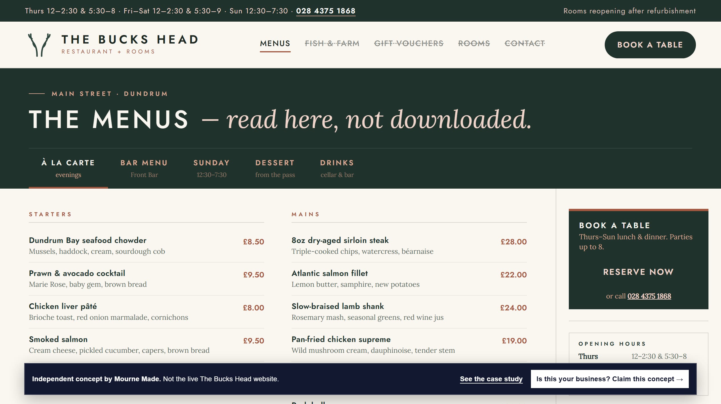 The Bucks Head menus concept screen: spruce-green tab rail across the top with À la carte selected, two-column dish listing in cream below, and a booking sidebar on the right