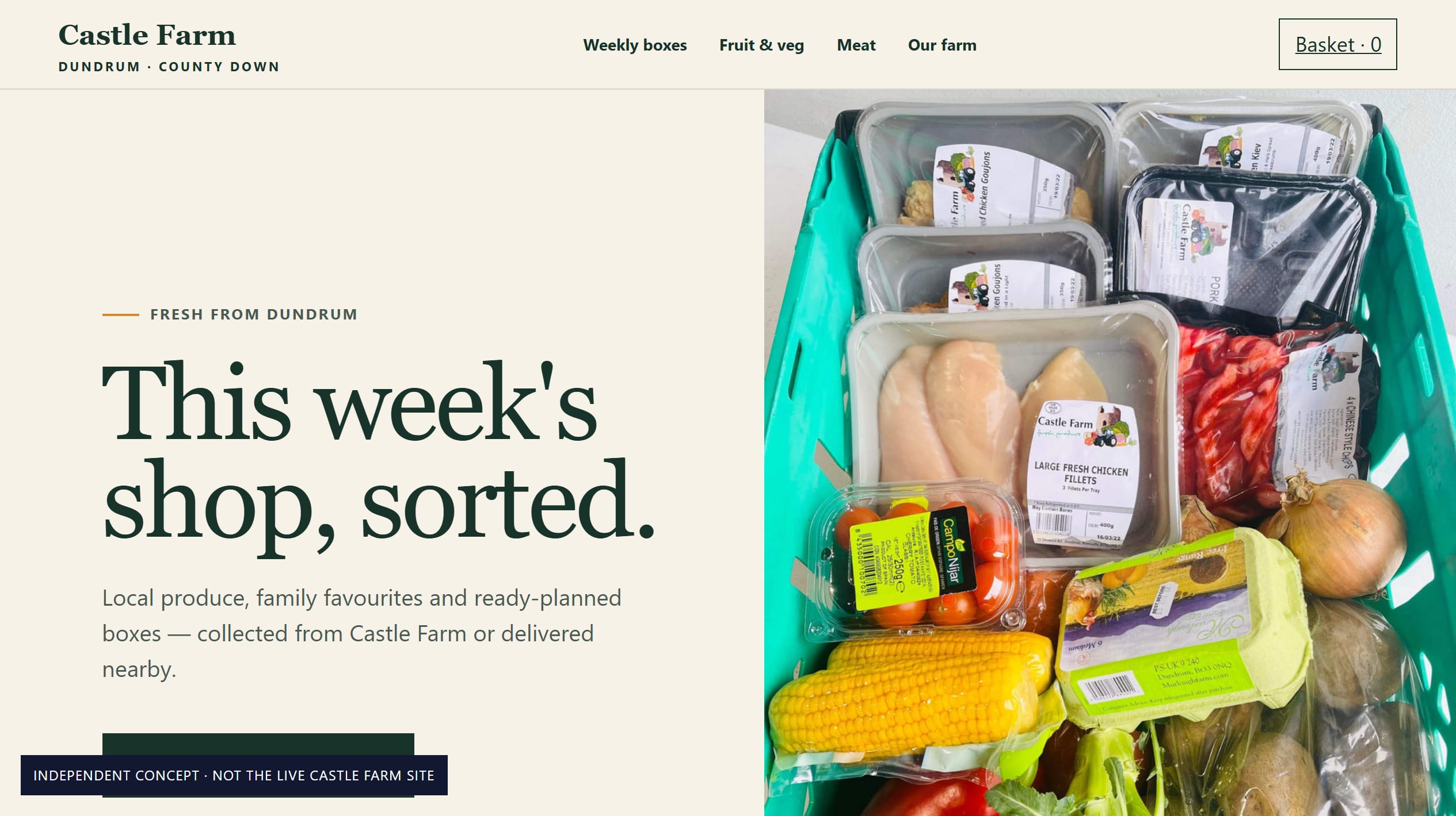 Mourne Made concept showing Castle Farm produce, a concise promise and one clear shop action