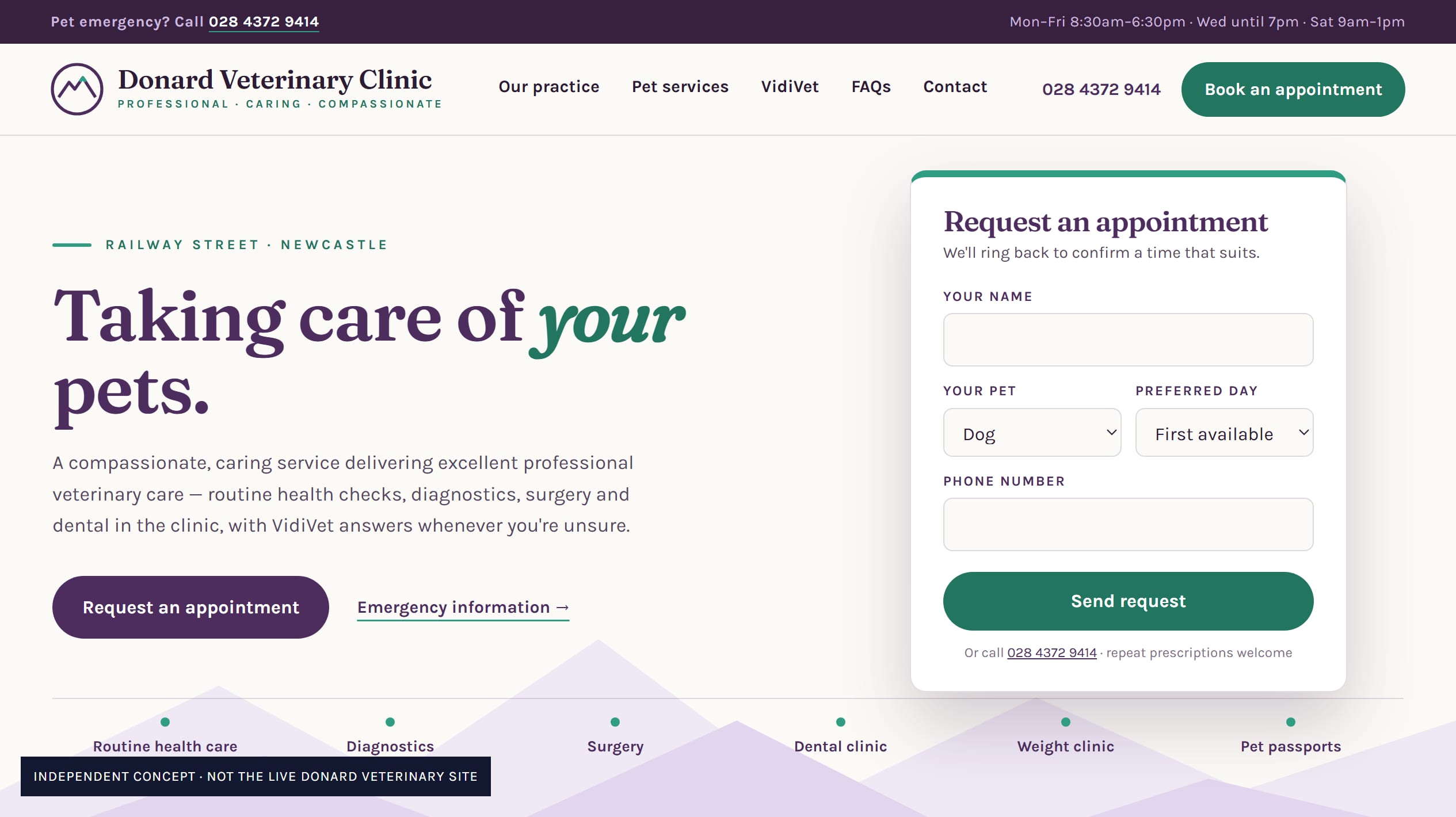 Mourne Made concept opening in the practice's plum and teal badge colours, with the Taking Care of Your Pets headline, an appointment request card and a services rail over a Mourne silhouette