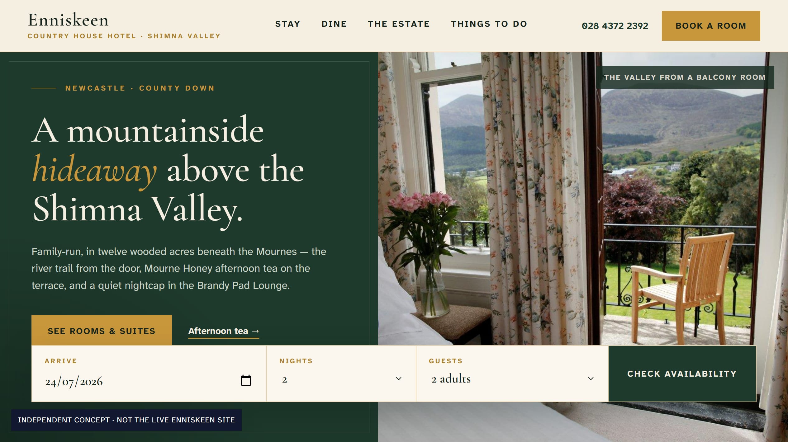 Mourne Made concept opening on the valley view from a balcony room, with the hideaway headline and an availability bar