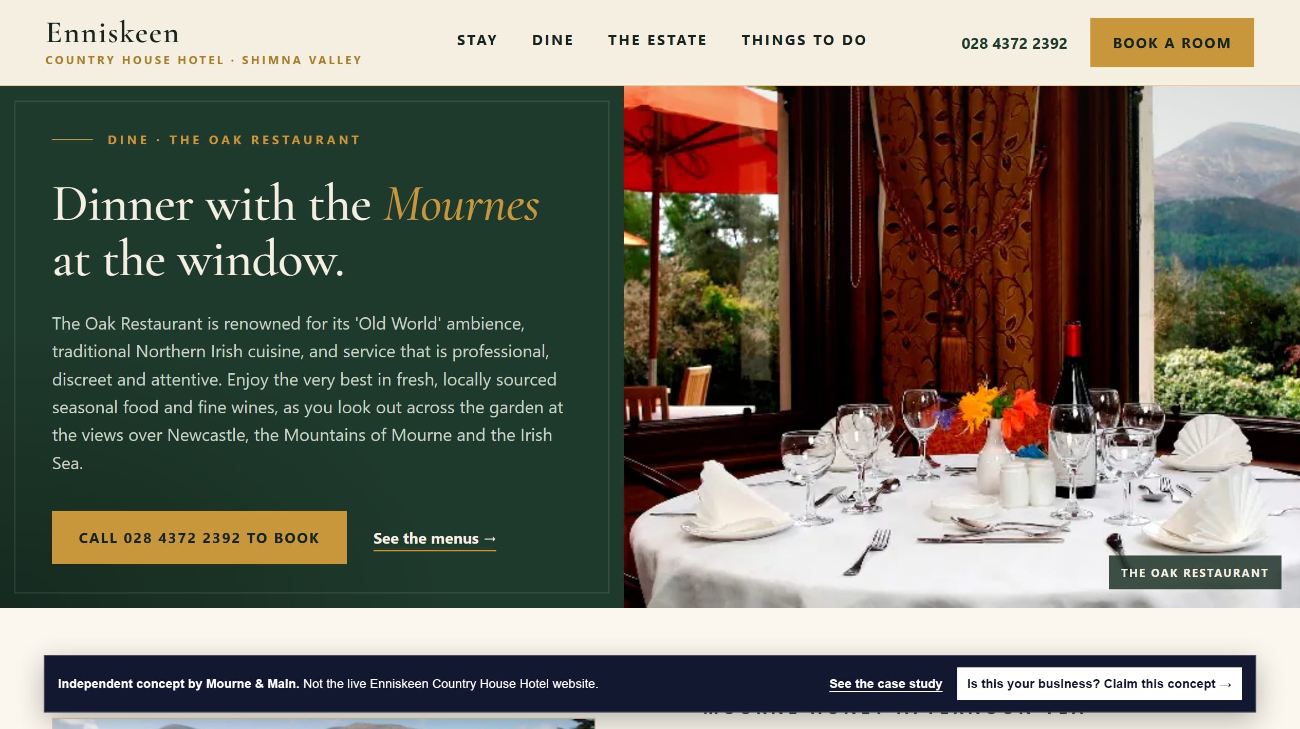 The Enniskeen Dine concept page showing the Oak Restaurant beside a mountain-window photograph, with a call-to-book action and menu link