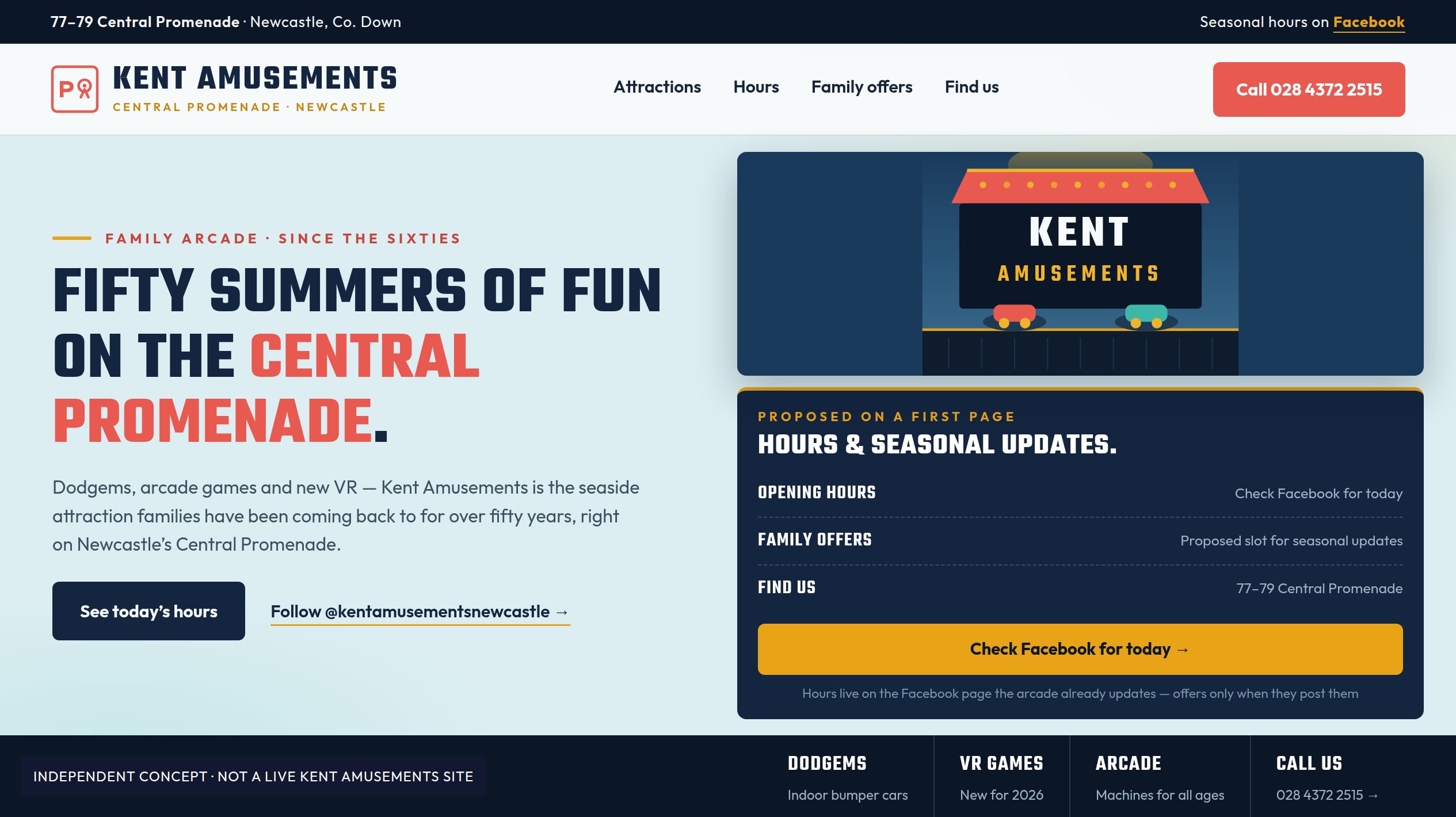 Mourne Made concept opening in pier navy, spray mist and ticket amber, with the Fifty summers on the Central Promenade headline, a promenade marquee illustration, a proposed hours-and-updates ticket and an attractions rail