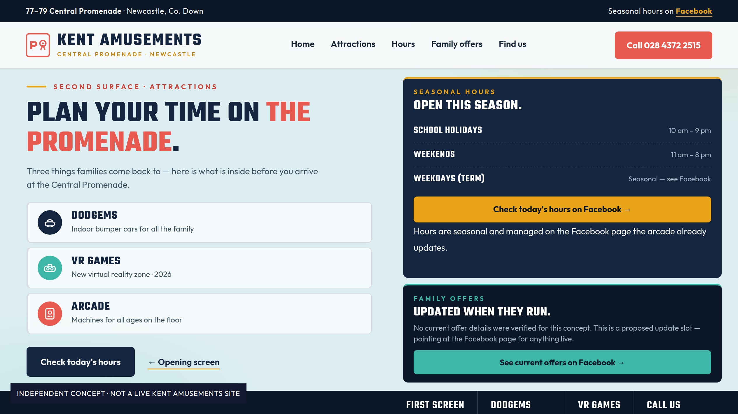 Kent Amusements attractions concept showing three attraction cards — dodgems, VR games and arcade — on the left, with a seasonal hours board and family offers panel on the right