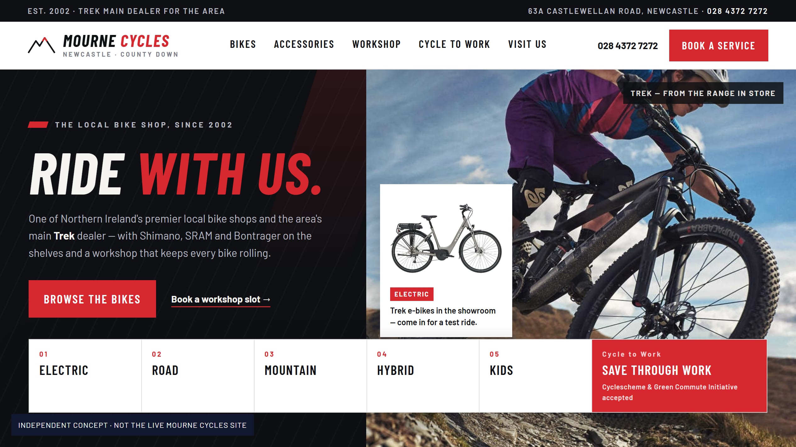 Mourne Made concept opening on the shop's own black and red identity, the Ride With Us headline, a Trek trail photograph and a numbered range rail with a Cycle to Work cell
