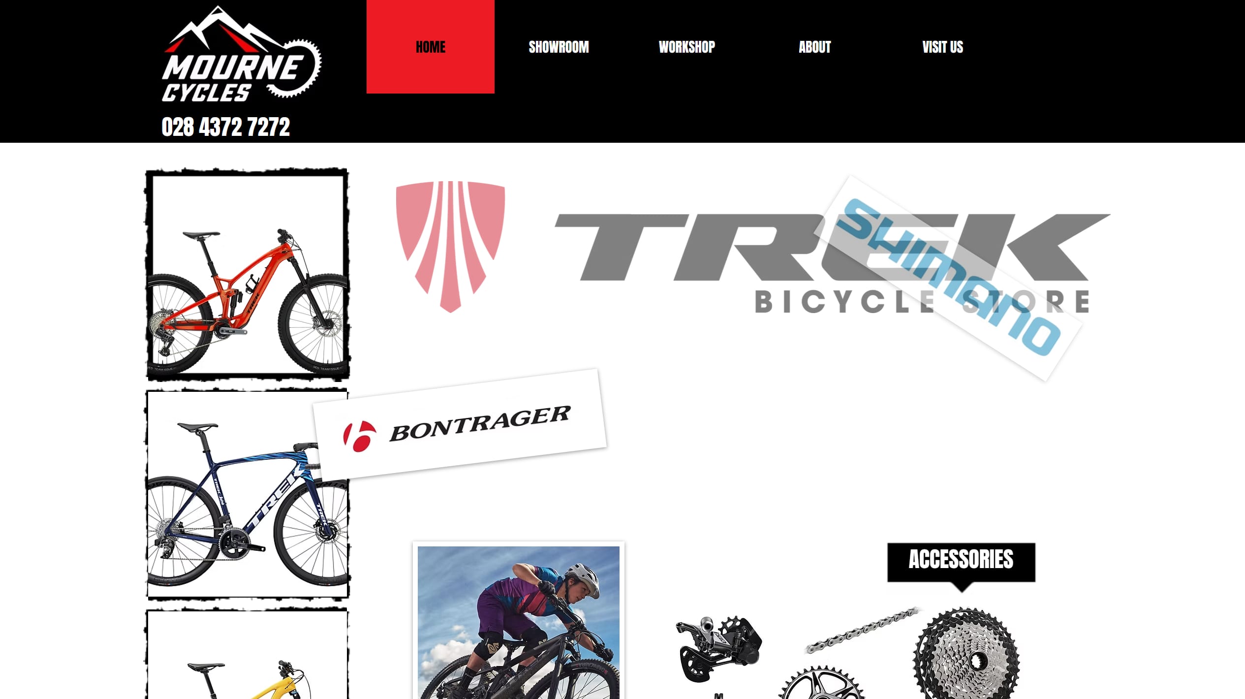 Mourne Cycles' current homepage: a black header with the shop logo and phone number above a collage of Trek, Bontrager and Shimano logos and cut-out bike photographs