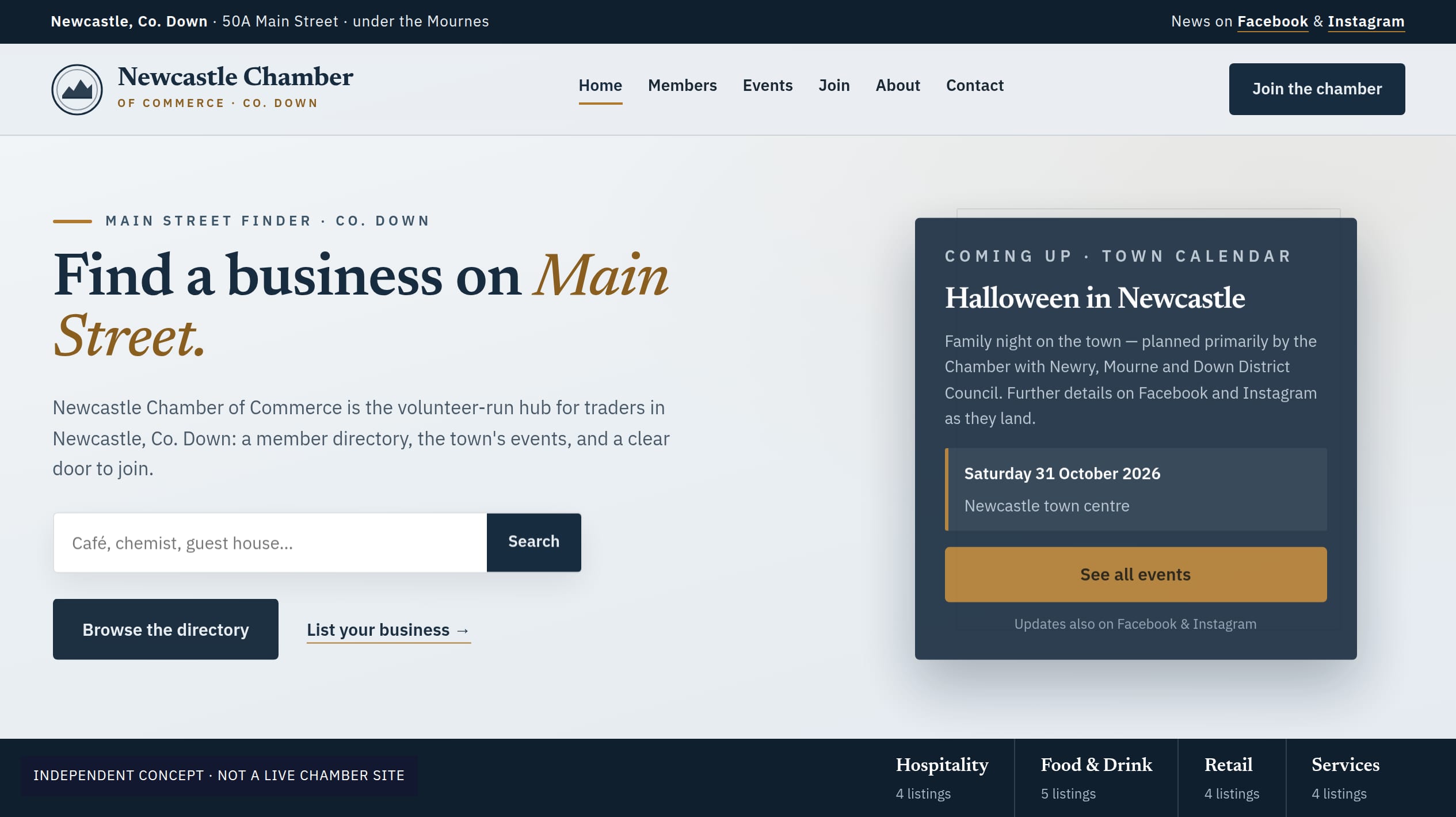 Mourne Made concept opening in harbour navy, sea mist and civic brass: Find a business on Main Street headline, directory search, Halloween events card and trade category rail