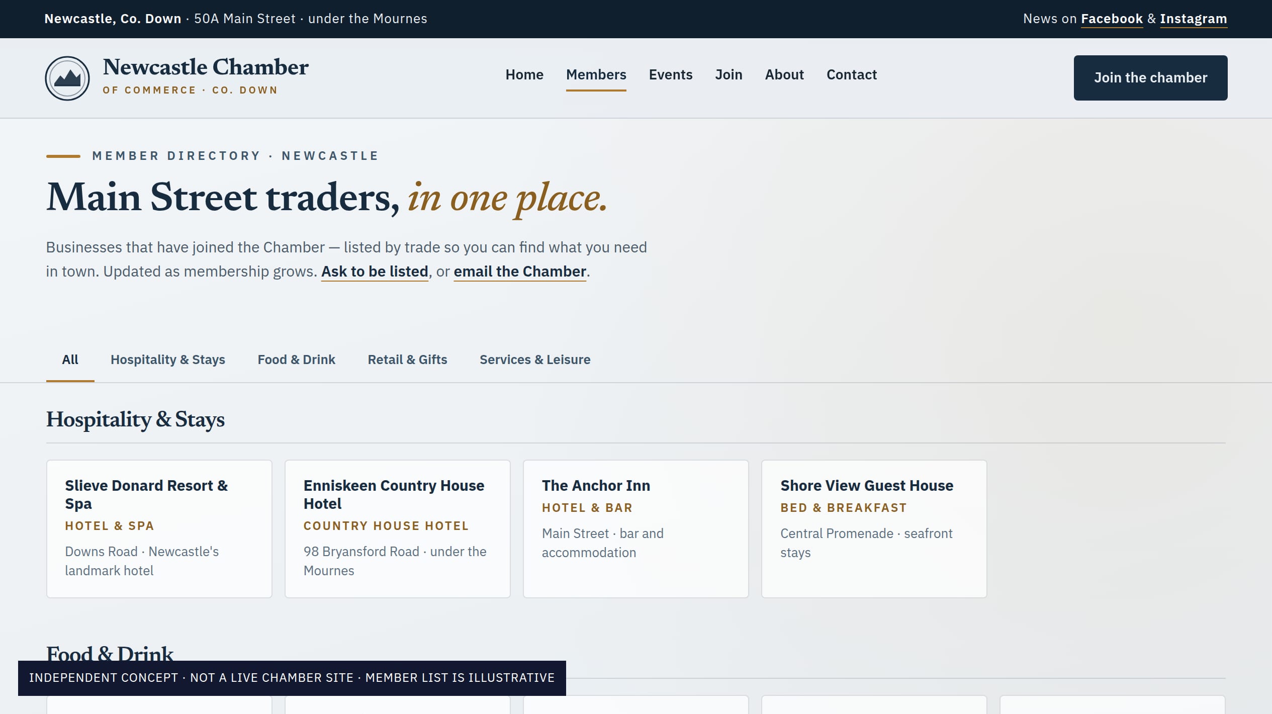 Newcastle Chamber member directory concept: harbour-navy header with the chamber seal, a grid of business cards organised by trade category, and a Join the Chamber banner at the foot