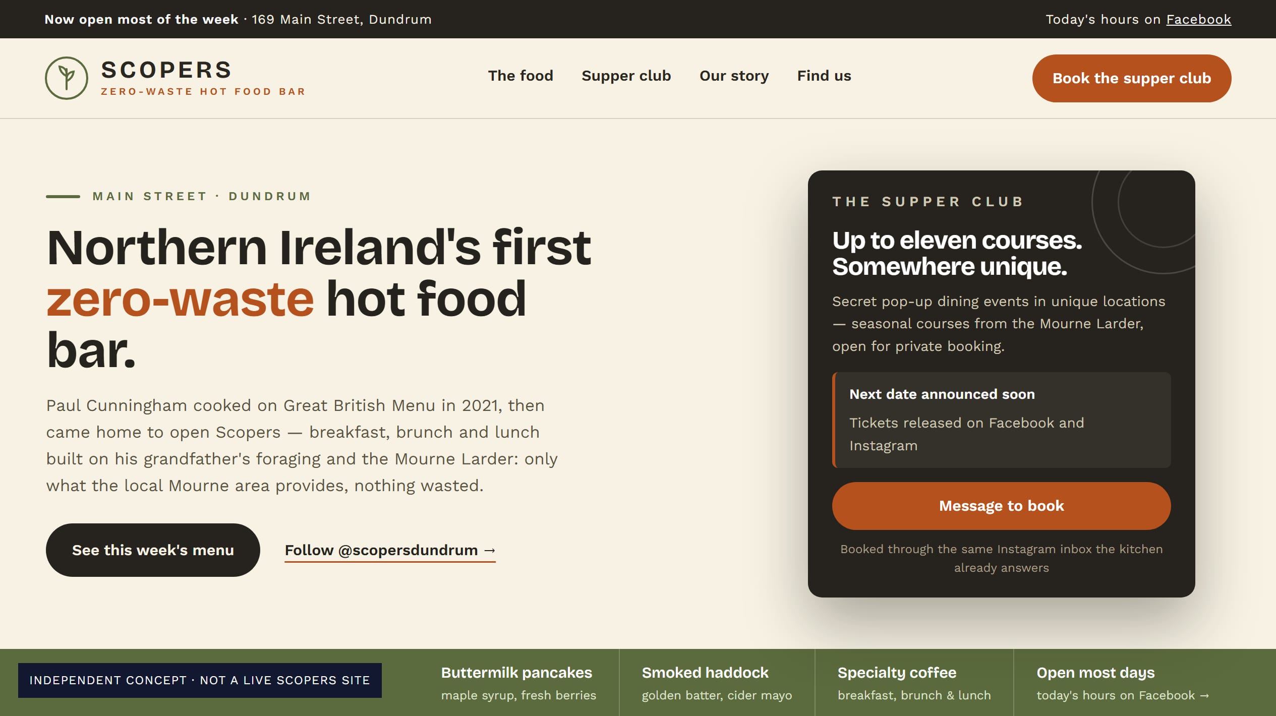 Mourne Made concept opening in cast iron, buttermilk and paprika, with the Northern Ireland's first zero-waste hot food bar headline, a supper club card and a signature-dish rail