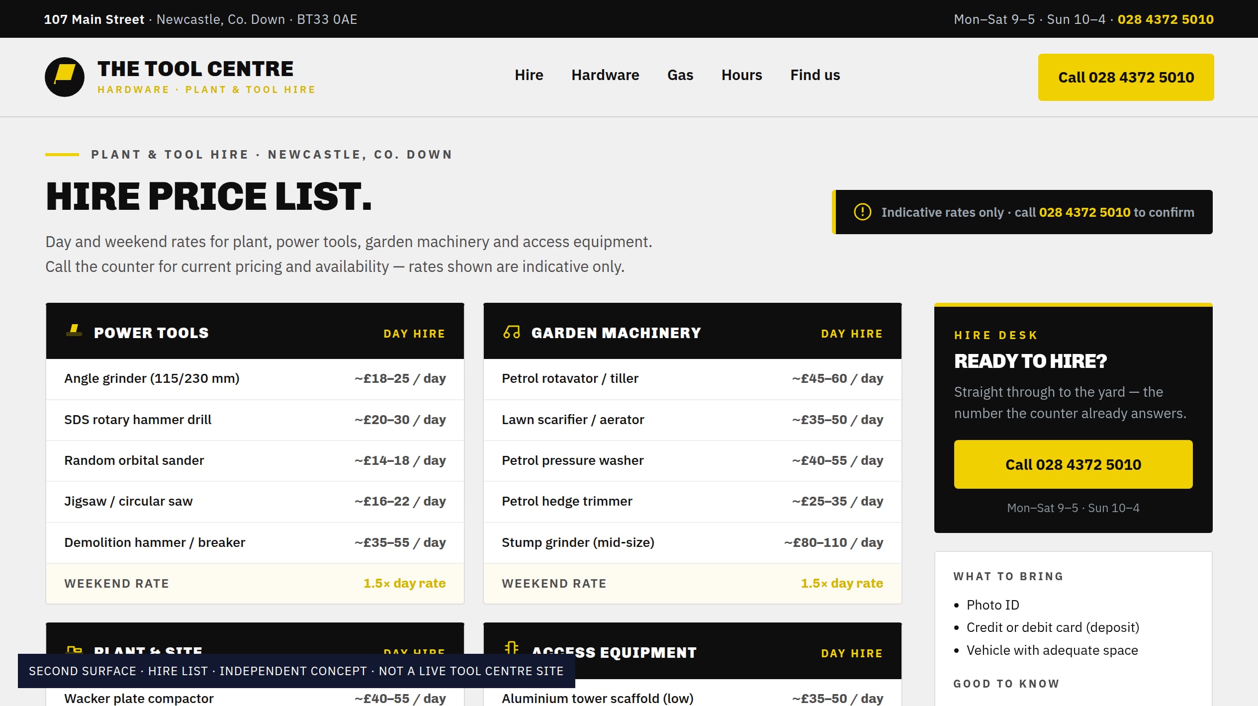 The Tool Centre hire list concept: a two-column price sheet in yard black and badge yellow, showing four hire categories — power tools, garden machinery, plant and site, access equipment — with indicative day rates and a call panel in the sidebar