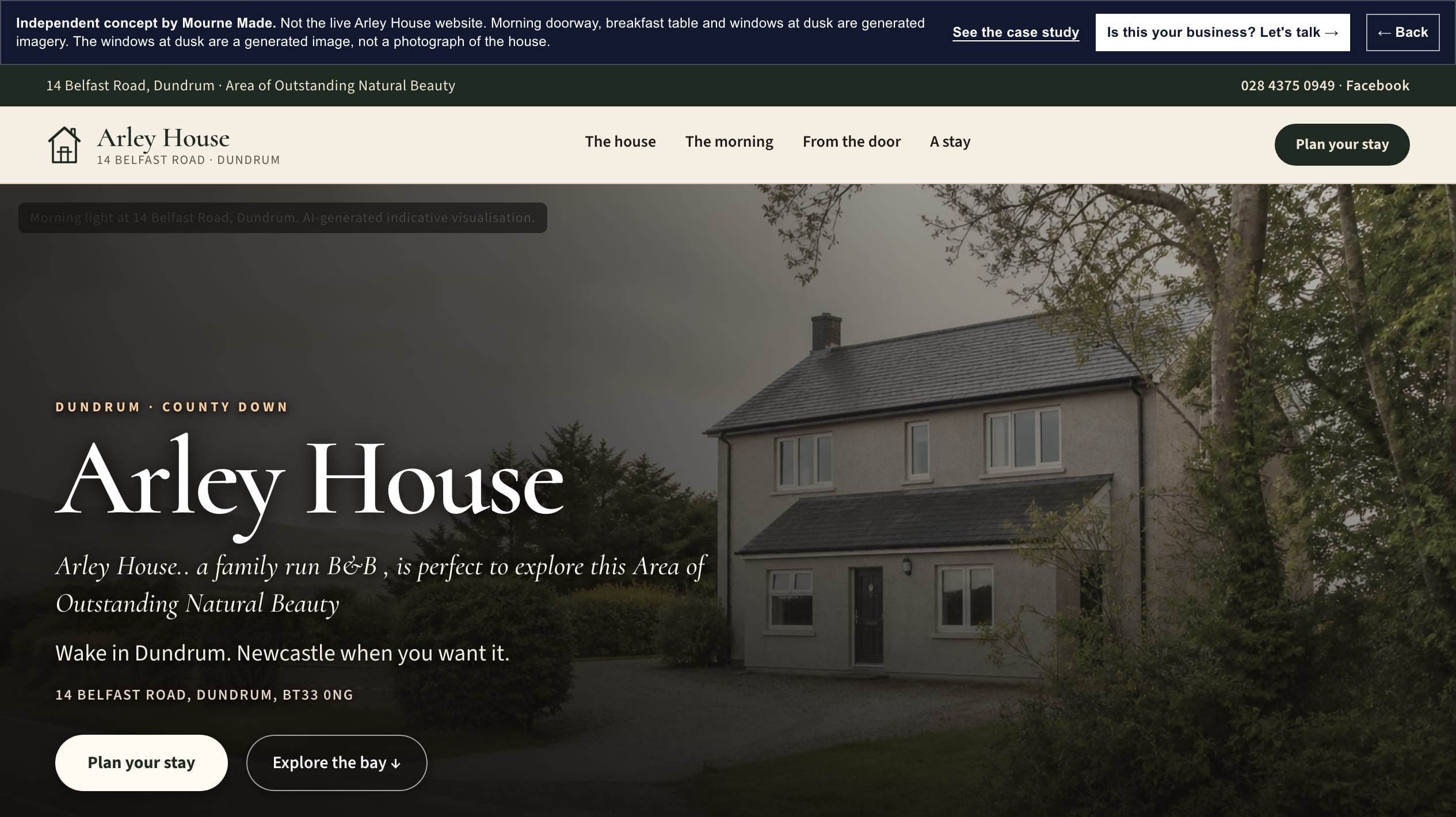 Mourne Made concept opening screen for Arley House, captured from the local concept route