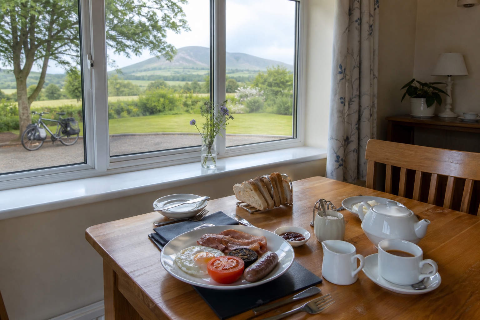 AI-generated indicative breakfast scene in a modest Arley House dining room, with tea, a hot breakfast and Dundrum landscape beyond the window