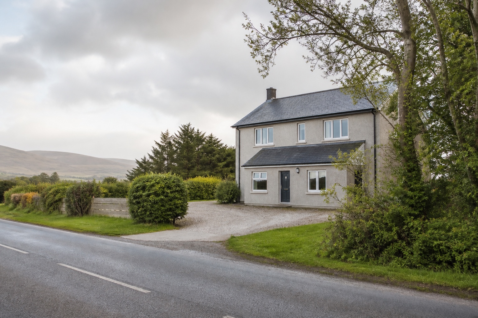 AI-generated indicative exterior visualisation of a modest rendered guesthouse with slate roof, driveway, lawn and trees beside Belfast Road