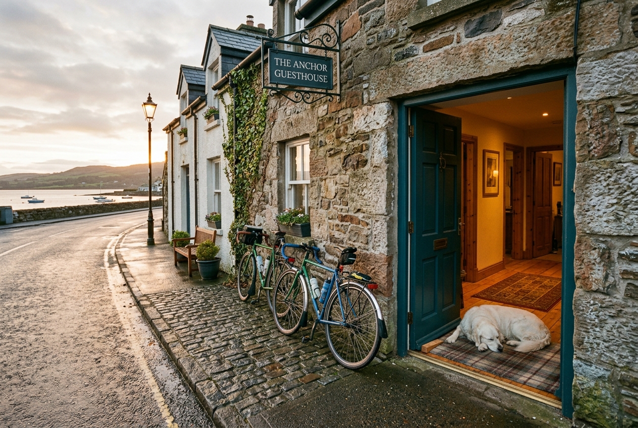 AI-generated morning scene of a coastal guesthouse door on Belfast Road with touring bicycles and a dog on the floorboards