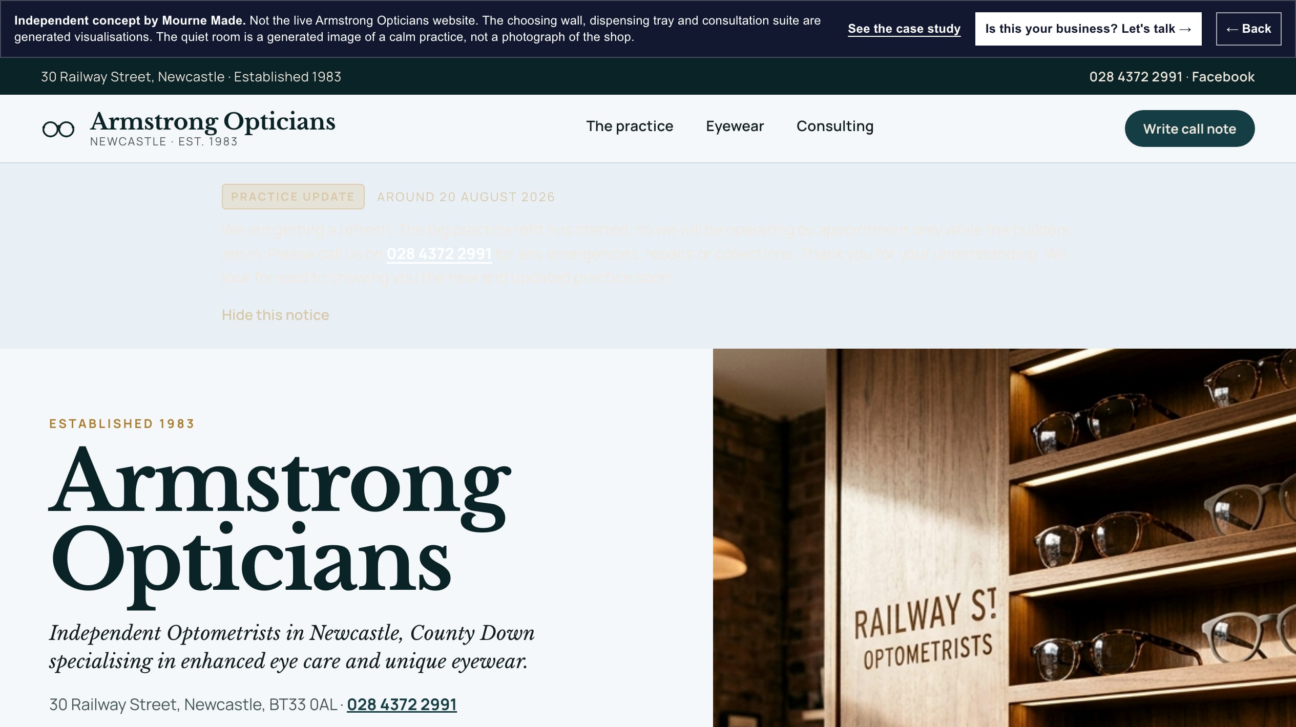 Mourne Made concept opening screen for Armstrong Opticians, captured from the local concept route