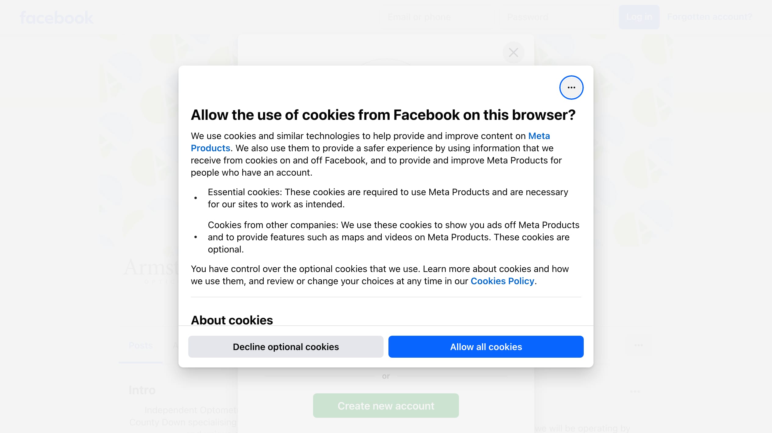 Labelled placeholder for Armstrong Opticians's current public presence (the practice splash site and public Facebook page) — not a live-site screenshot; a matched capture was not filed for the 23 August 2026 publish