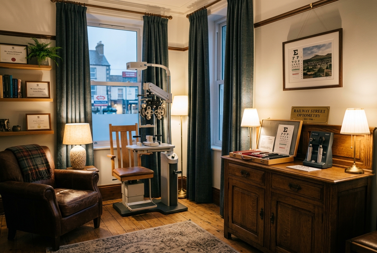 AI-generated photograph of a calm, well-appointed optometric consulting room in Newcastle