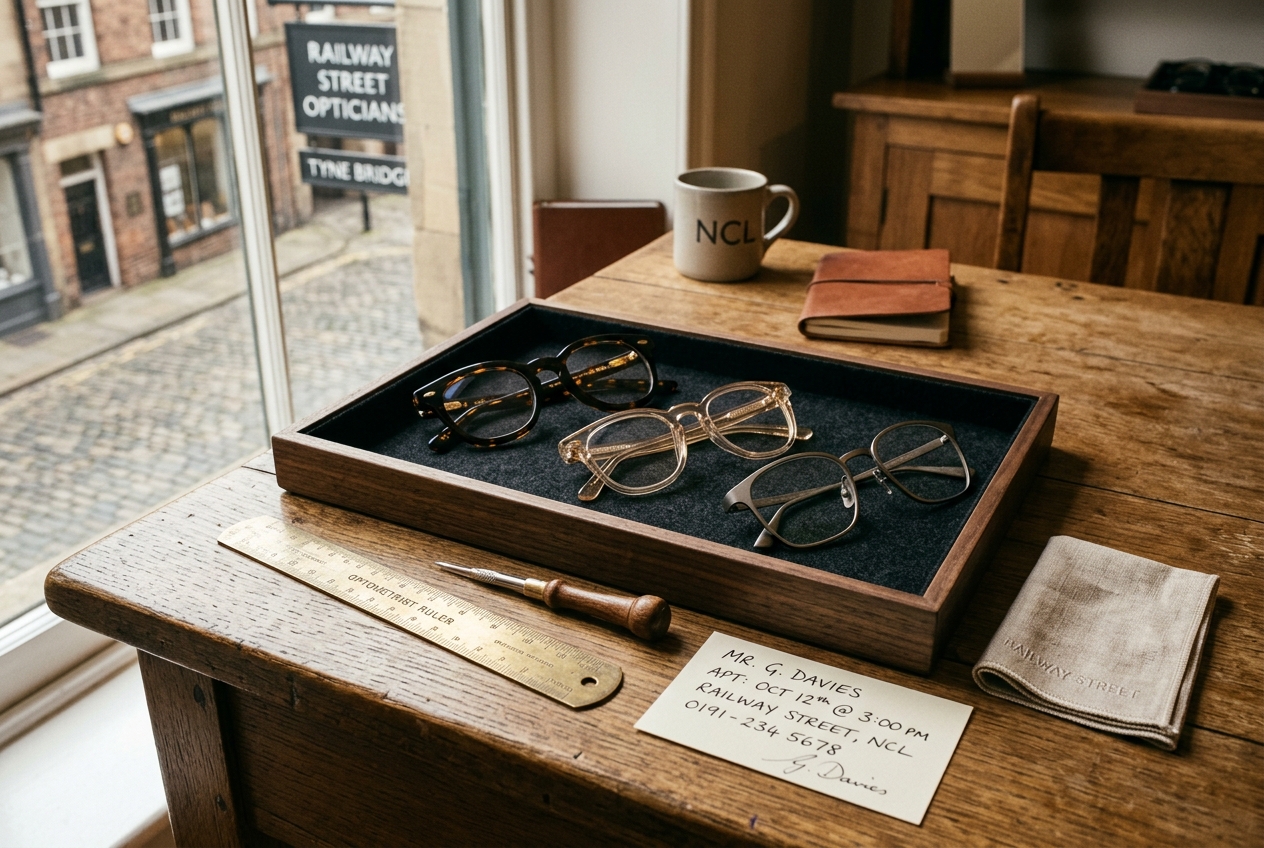AI-generated photograph of curated spectacle frames on a timber consultation tray with dispensing tools