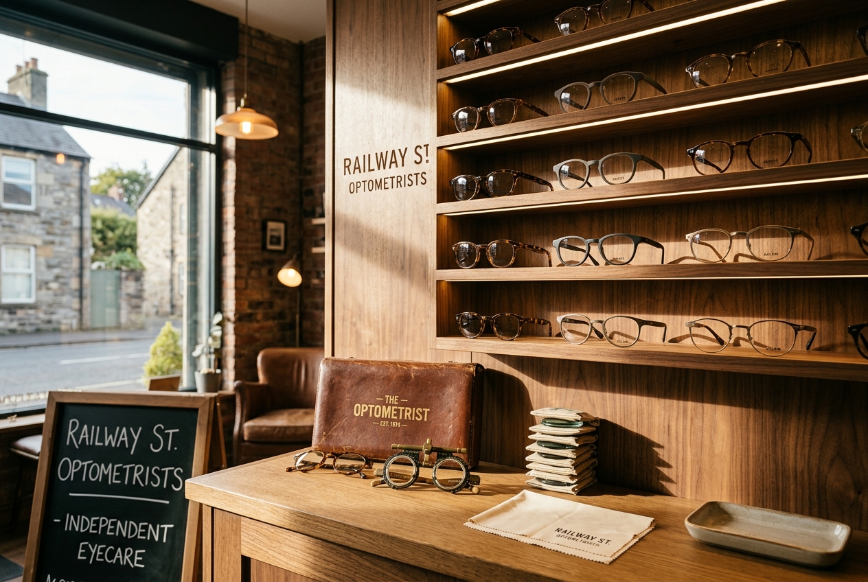AI-generated scene of a timber frame-display wall and consultation counter on Railway Street