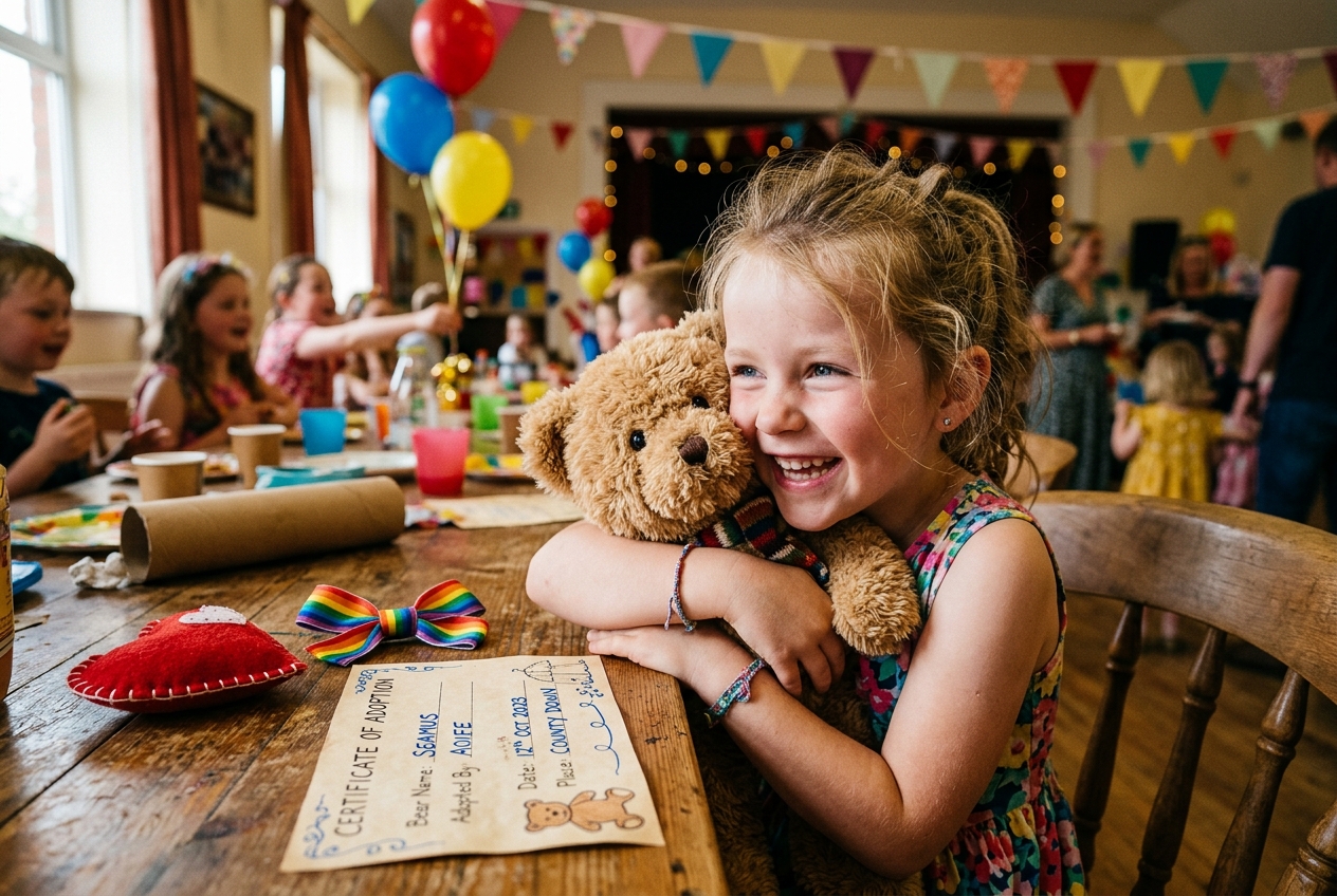 AI-generated scene of a child with their newly made teddy bear and adoption certificate at a party