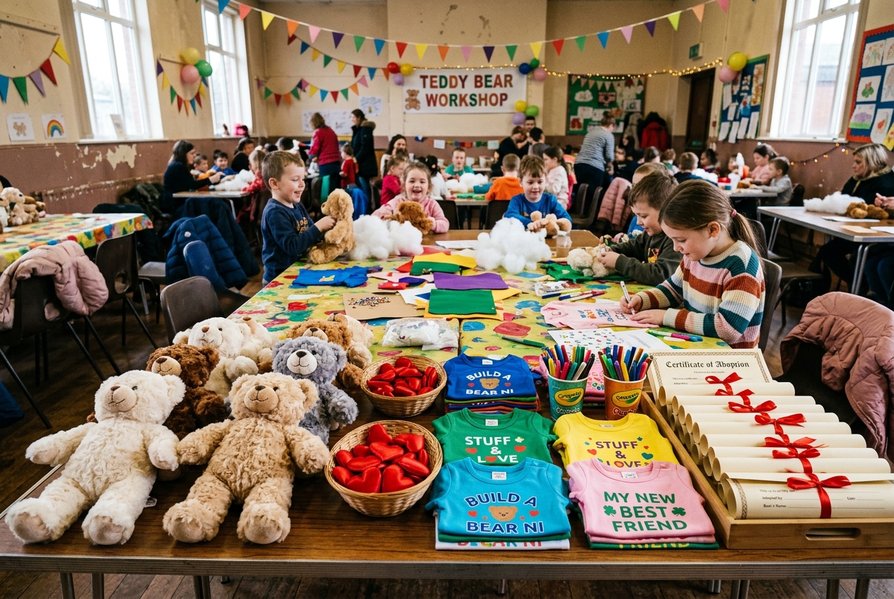 AI-generated scene of a teddy bear workshop table setup with plush skins, hearts, shirts and certificate scrolls