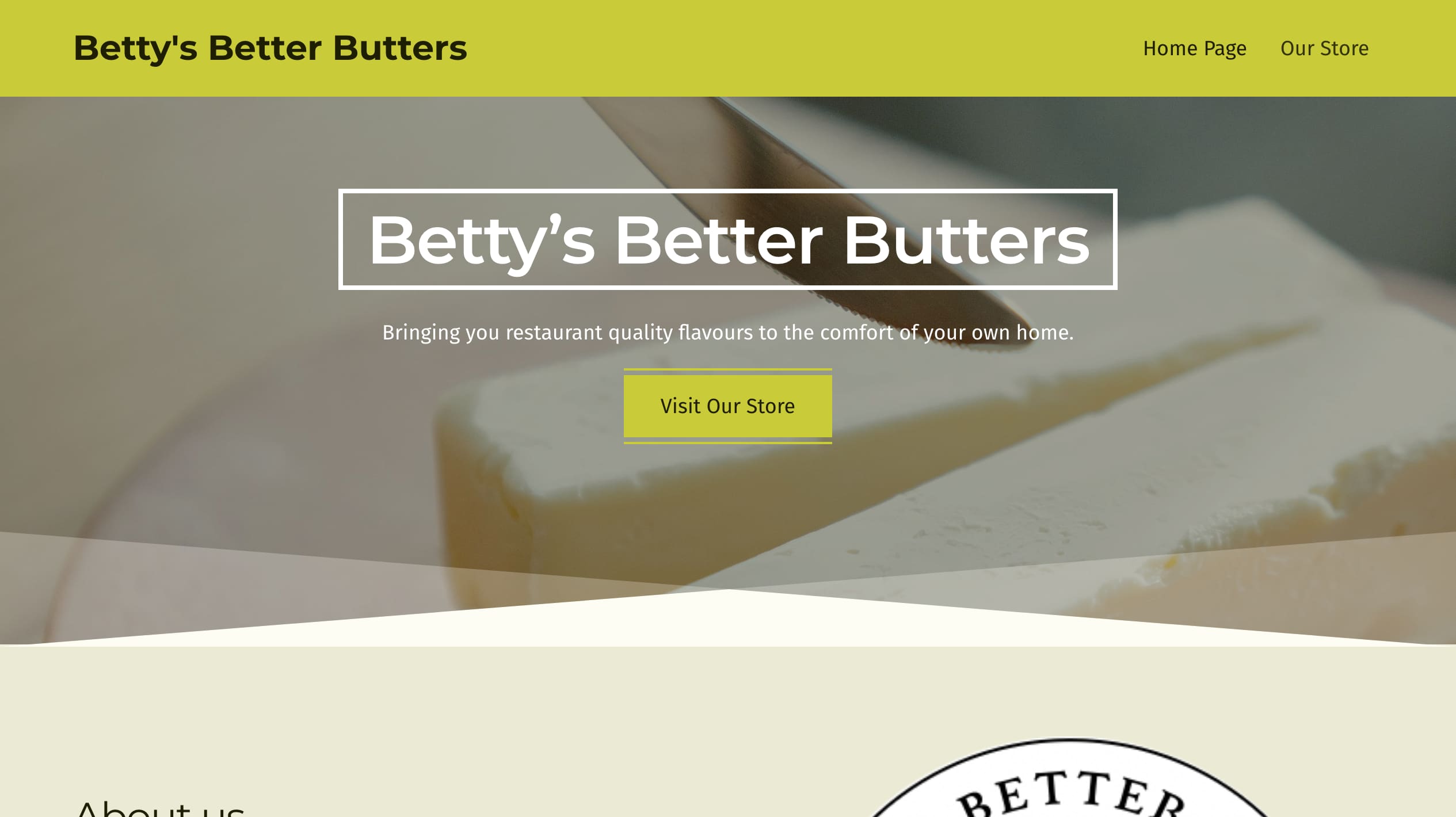 Betty's Better Butters' current homepage: its mountain-ring mark, a butter photograph and navigation reading 'Home Page' and 'Our Store'