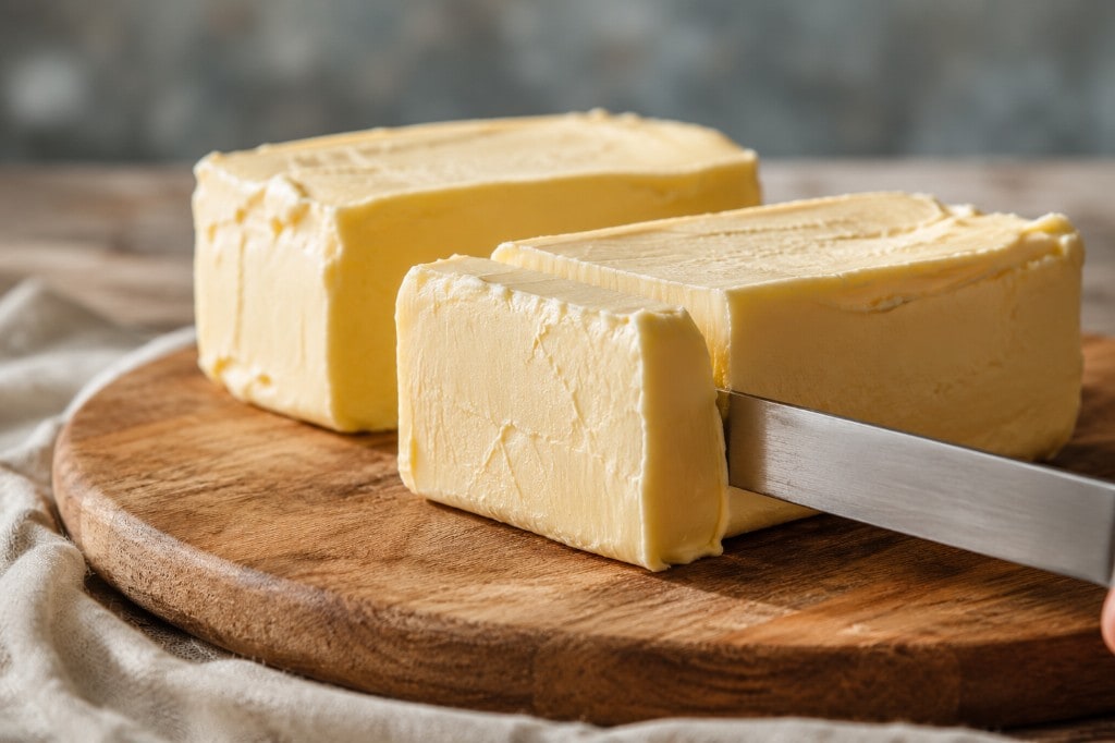 A knife slicing through soft butter on a wooden board