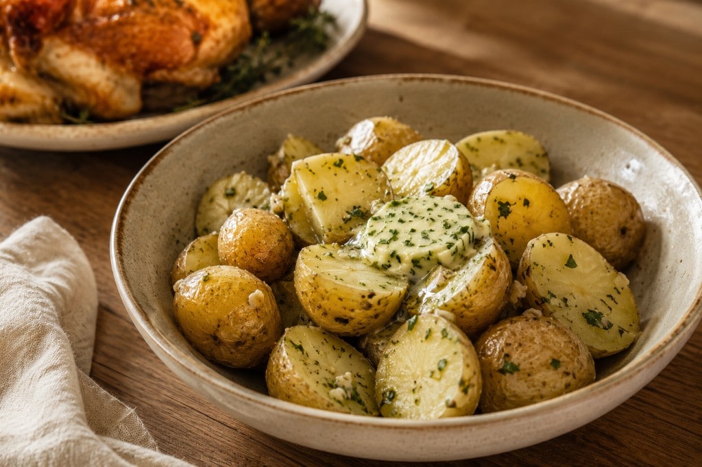 New potatoes with herb butter melting through