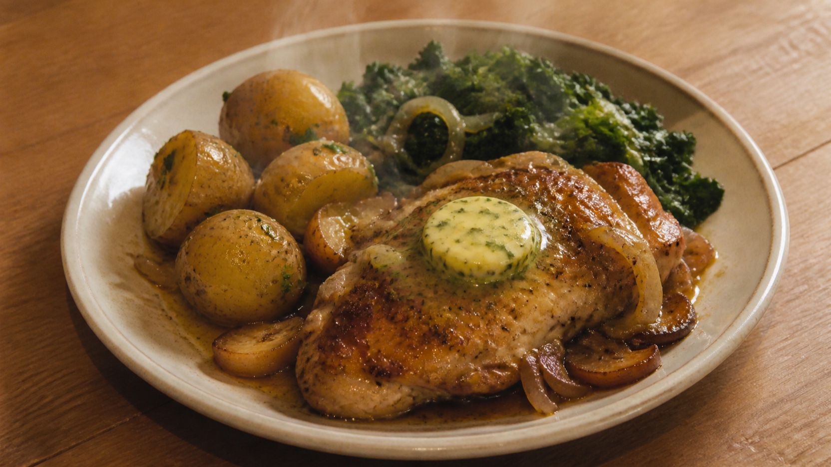 AI-generated serving idea showing herb butter melting over chicken, potatoes and greens