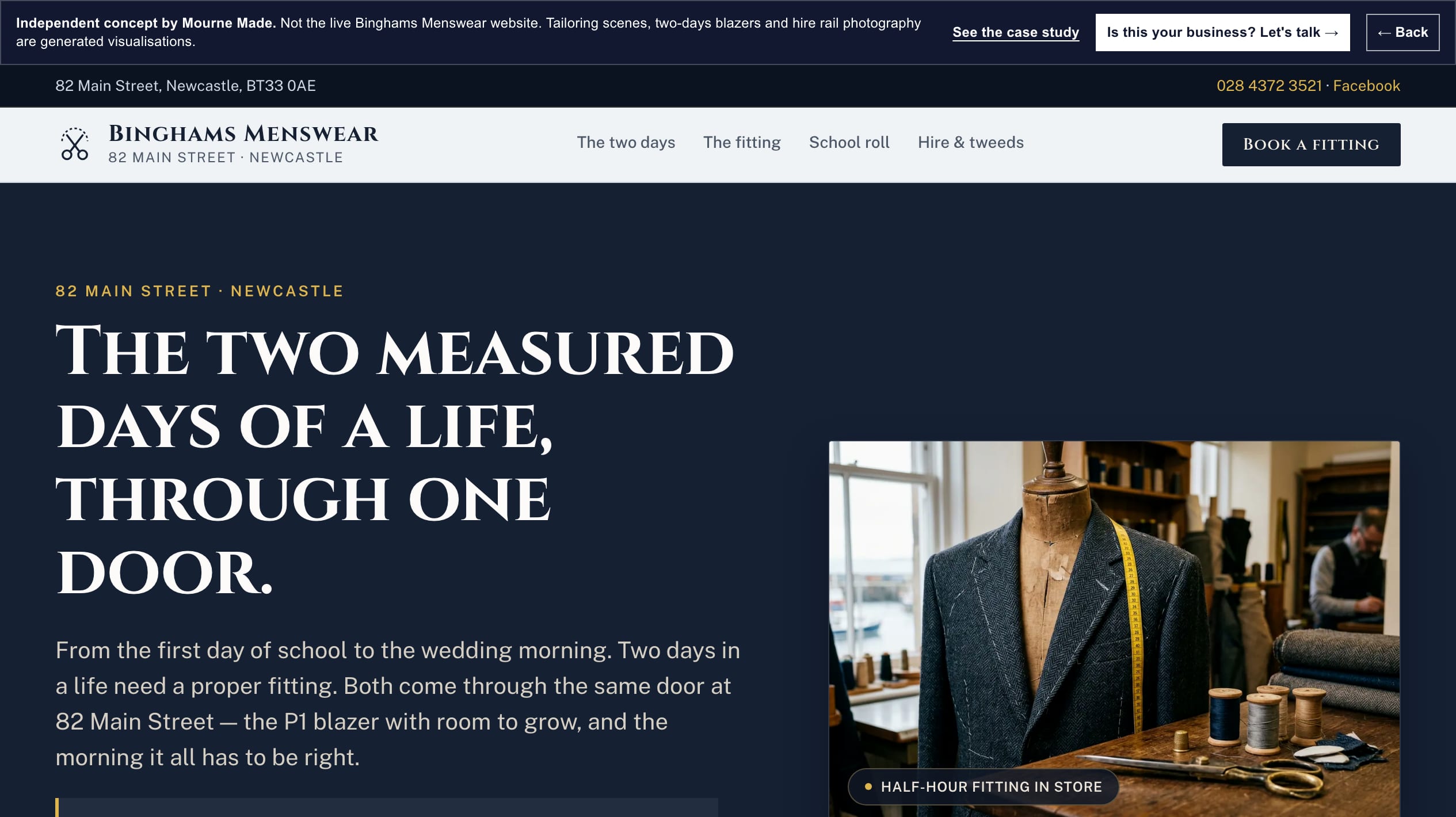 Mourne Made concept opening screen for Binghams Menswear, captured from the local concept route