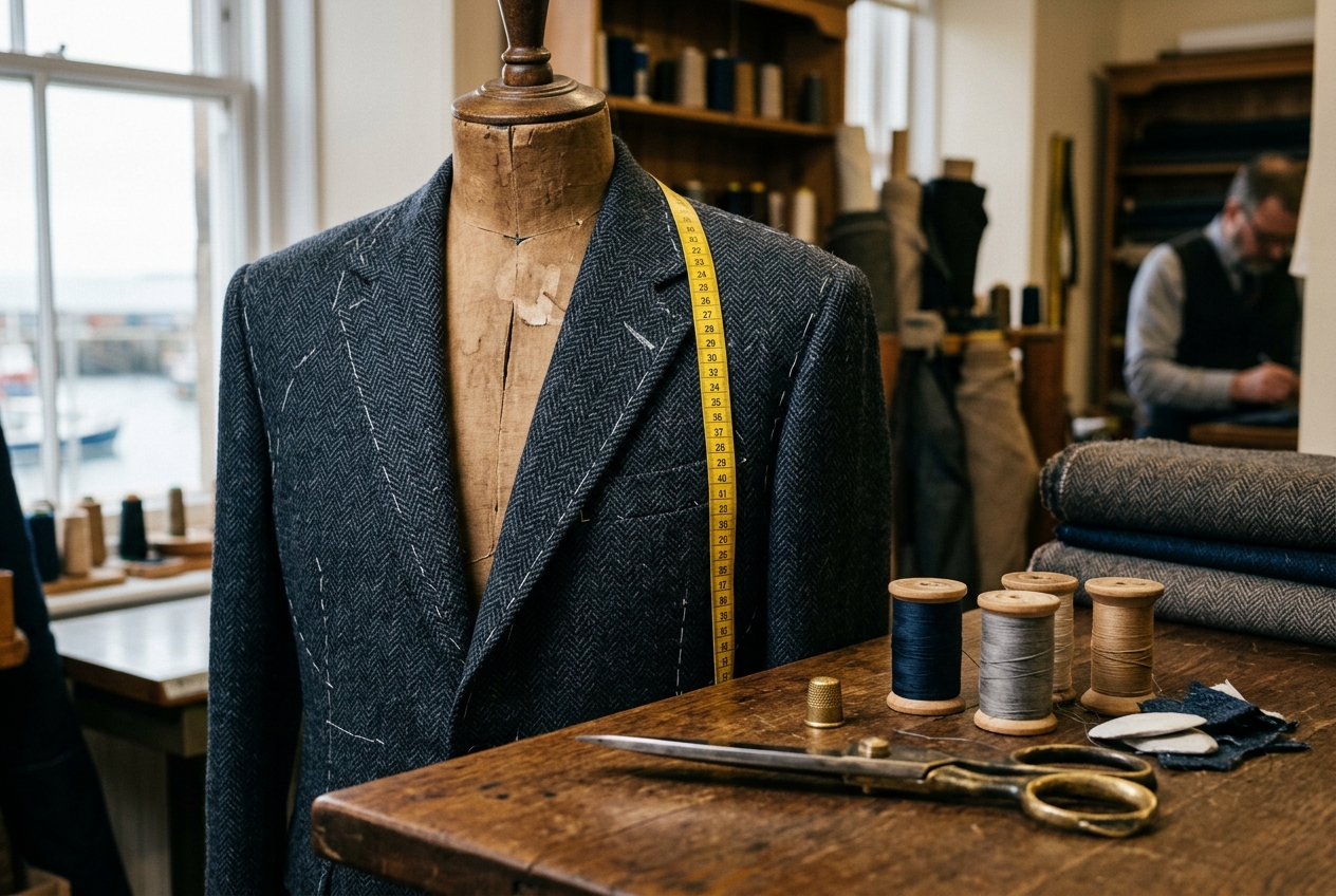 AI-generated scene of a bespoke herringbone tweed jacket on a tailoring bust with tailor's tape, shears and chalk on Main Street