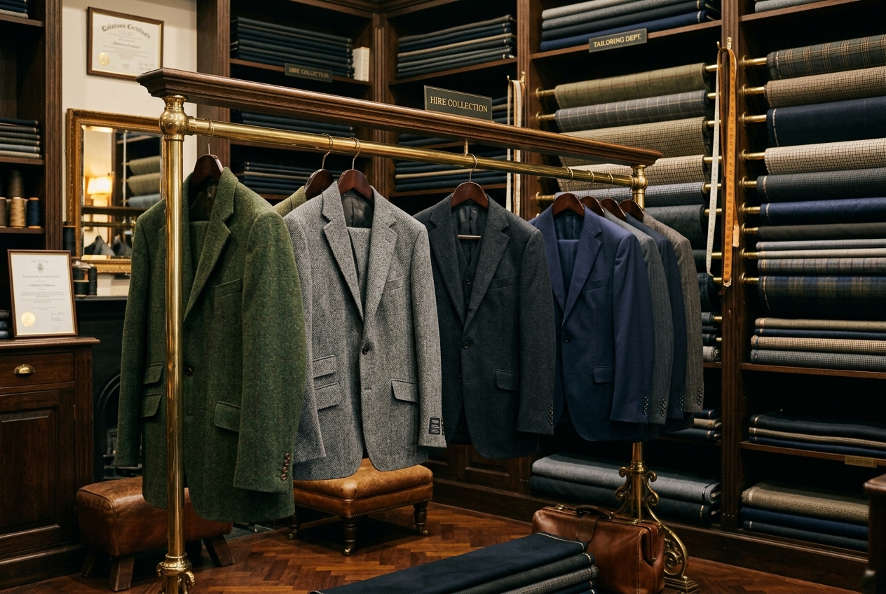 AI-generated scene of tailored formalwear and tweed hire suits hanging on an ornate brass and wood rail