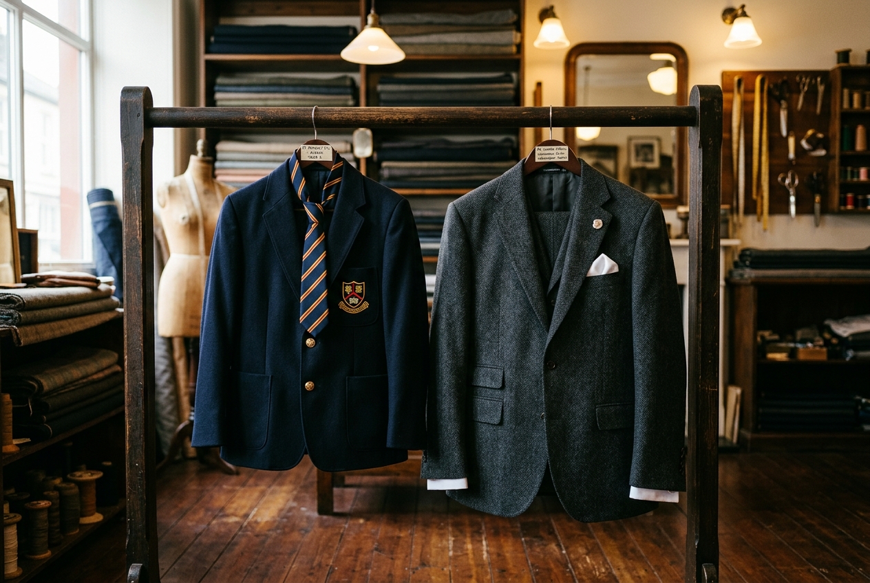 AI-generated scene of a junior school blazer with striped tie alongside an adult groom's tweed three-piece suit on a wooden rail