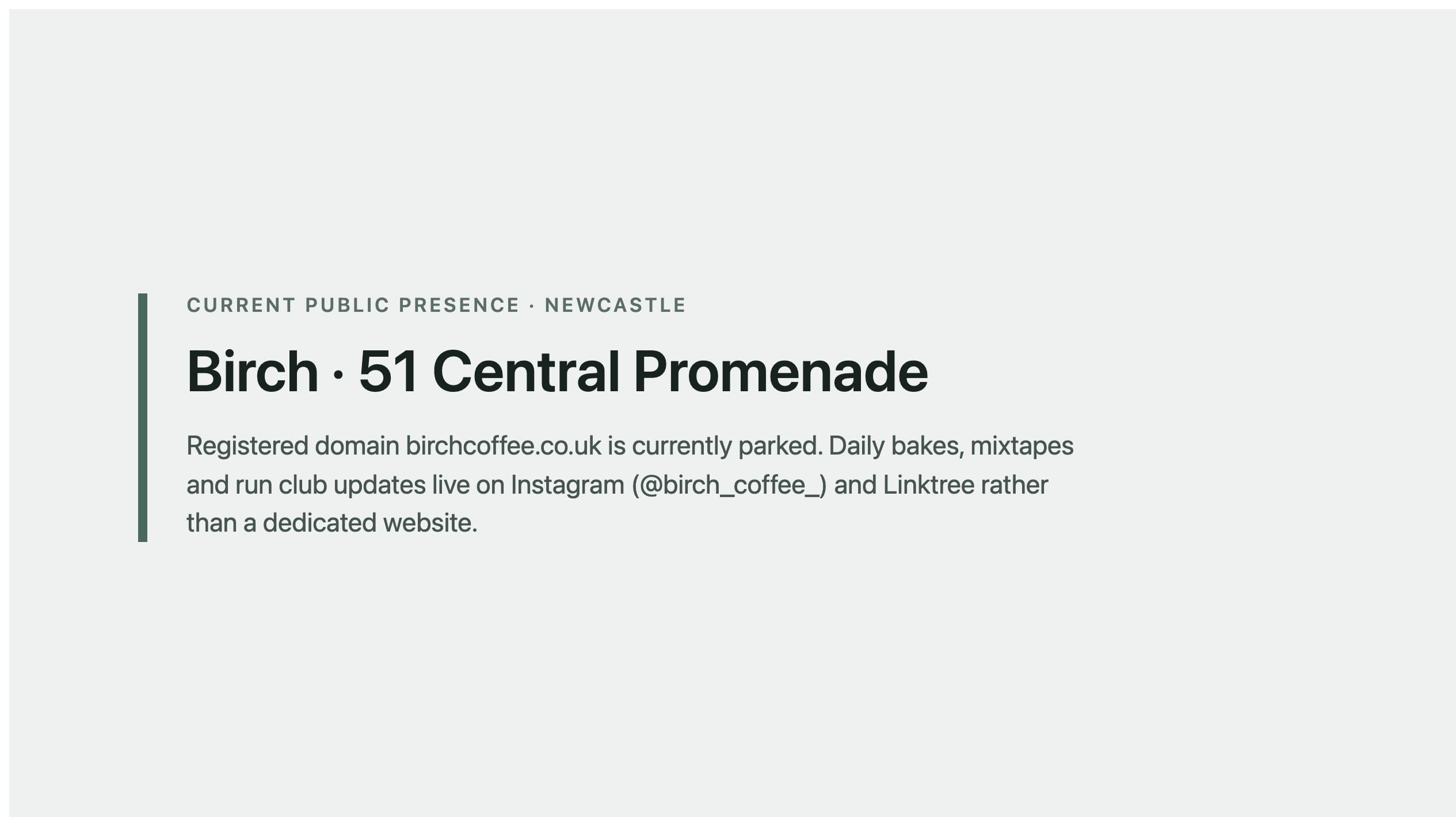 Labelled placeholder for Birch's current public presence (birchcoffee.co.uk and Instagram) — not a live-site screenshot; a matched capture was not filed for the 25 August 2026 publish