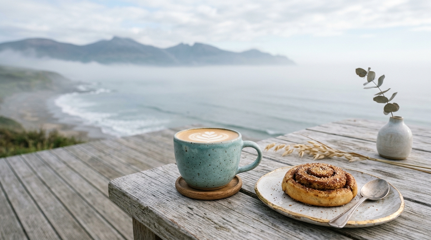 Hand-thrown seafoam ceramic cup of oat flat white and cardamom bun overlooking the misty Mourne coastline