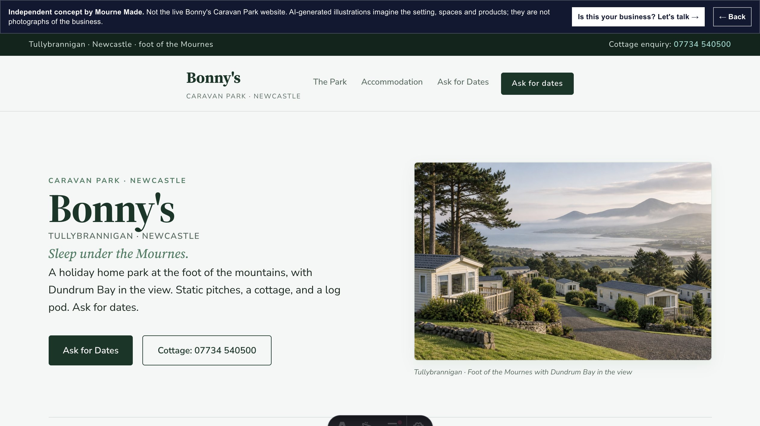 Mourne Made concept opening screen for Bonny's Caravan Park, captured from the local concept route