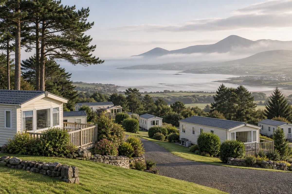Bonny's Caravan Park at the foot of the Mournes looking out over Dundrum Bay