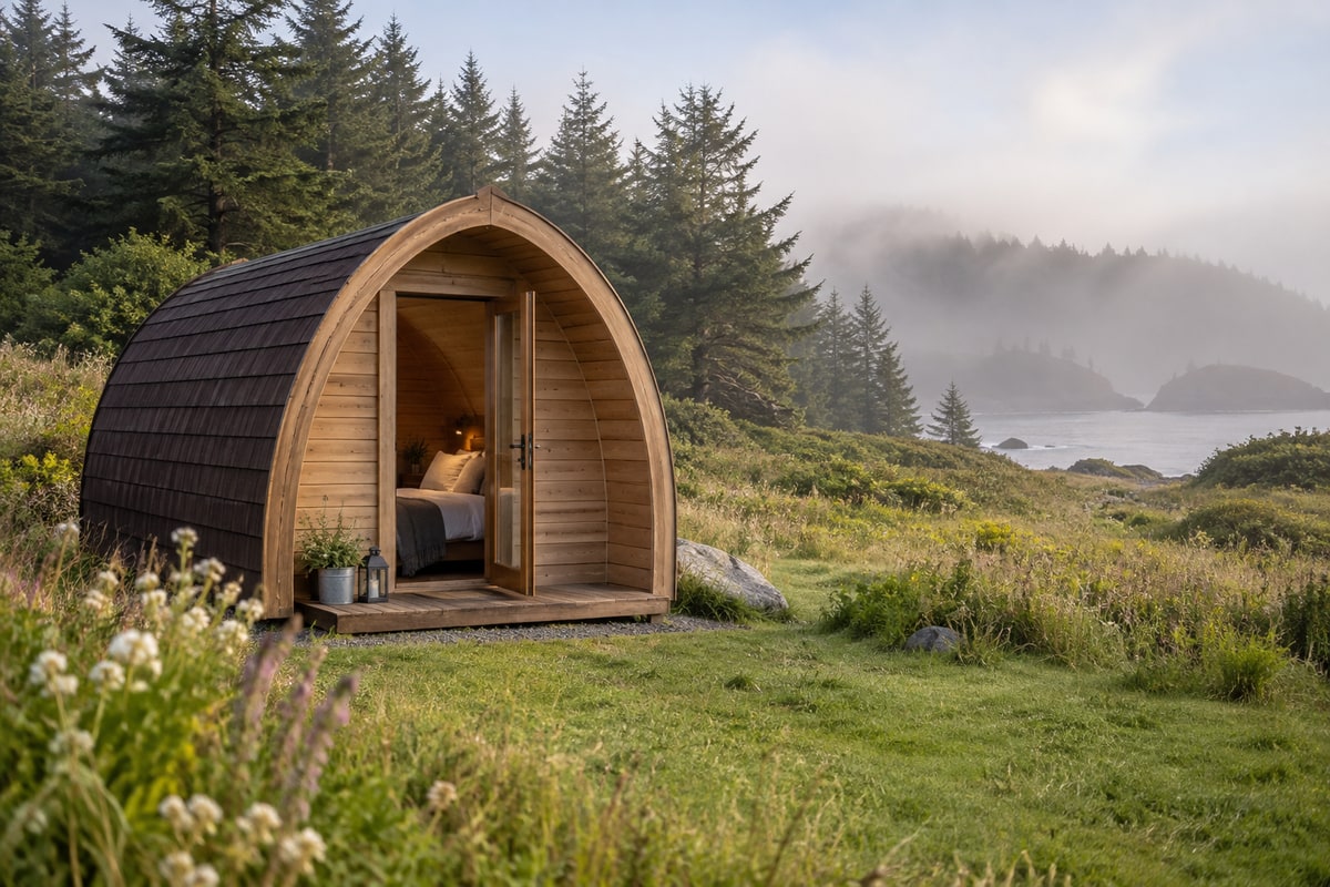 Cosy timber log pod situated in a peaceful meadow setting