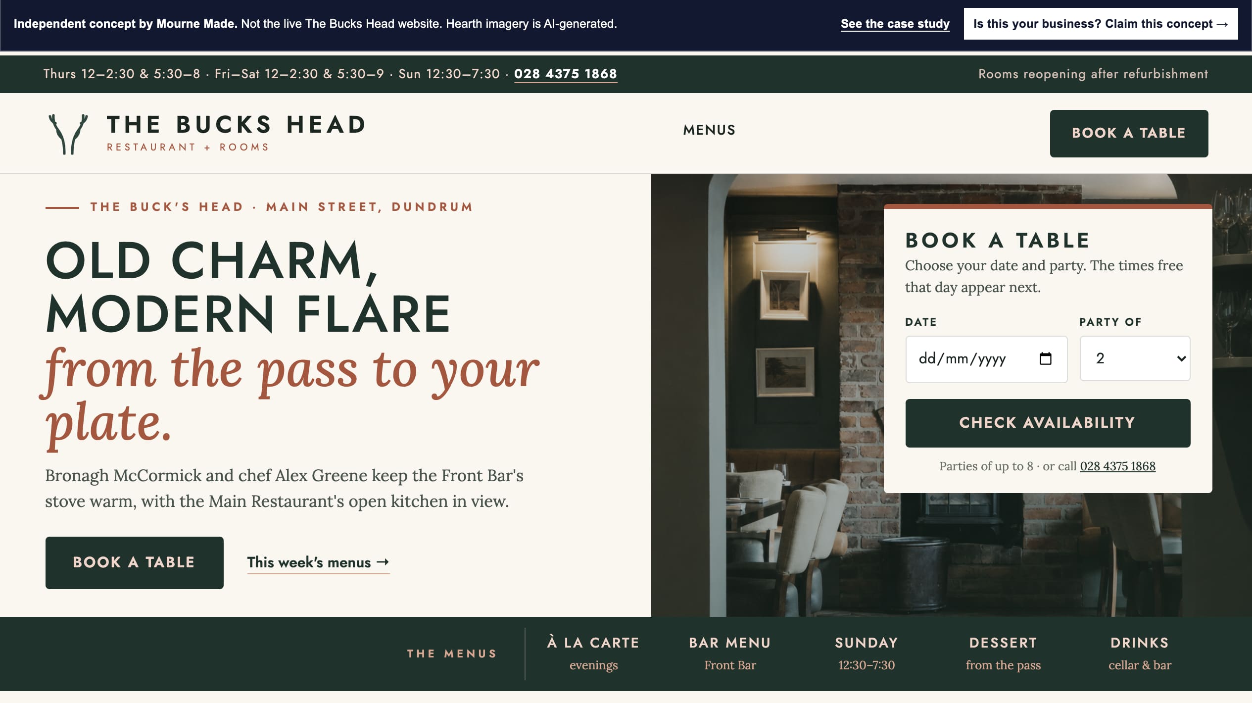 Mourne Made concept opening in the pub's own spruce green and blush pink, with the Old Charm Modern Flare headline, a book-a-table card over the hearth photograph and a menus list along the foot
