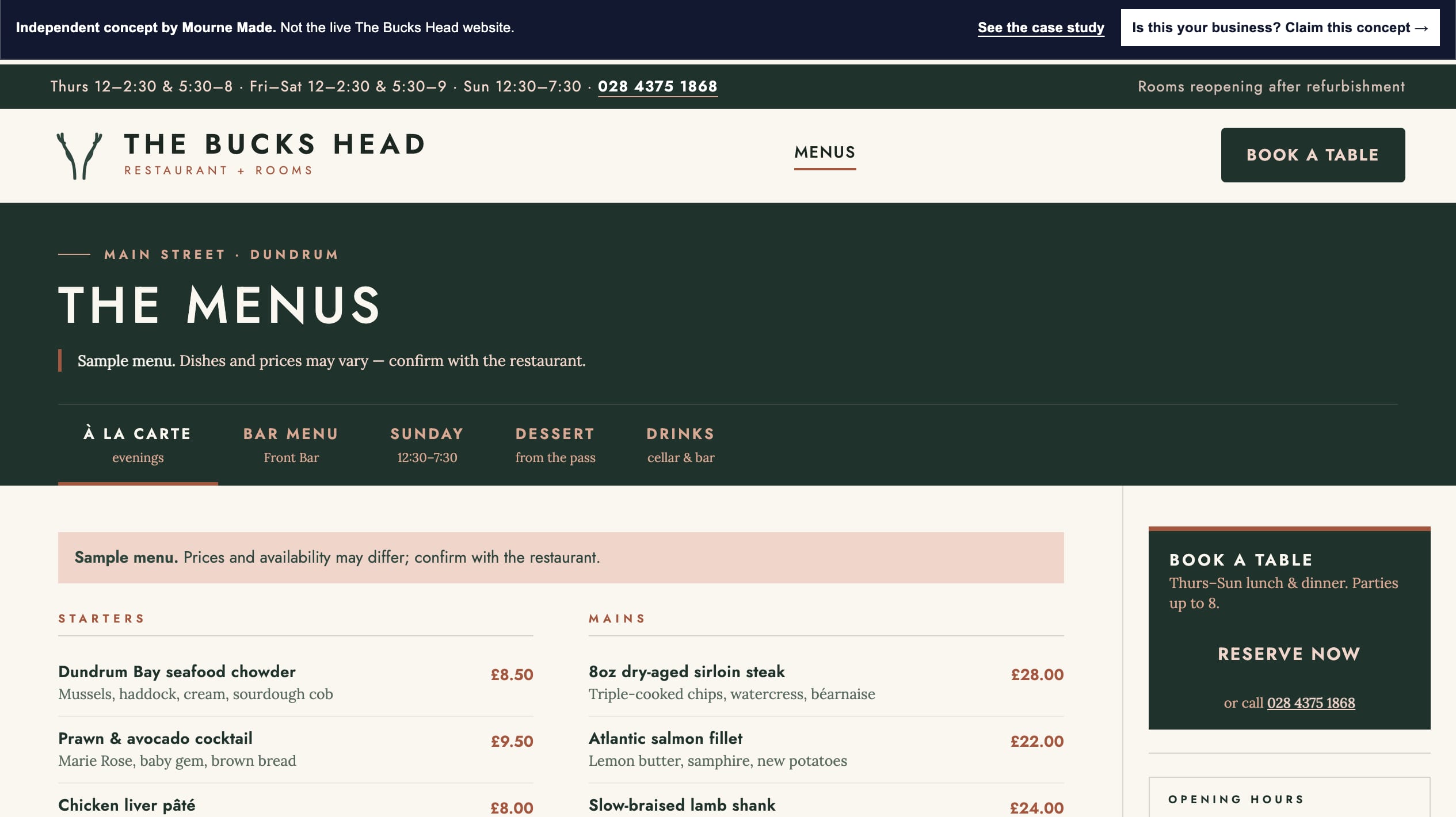 The Bucks Head menus concept screen: spruce-green tab rail across the top with À la carte selected, two-column dish listing in cream below, and a booking sidebar on the right