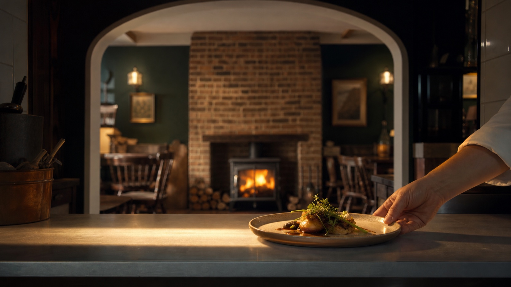 AI-generated scene of a finished plate arriving on the pass with the old pub hearth glowing behind