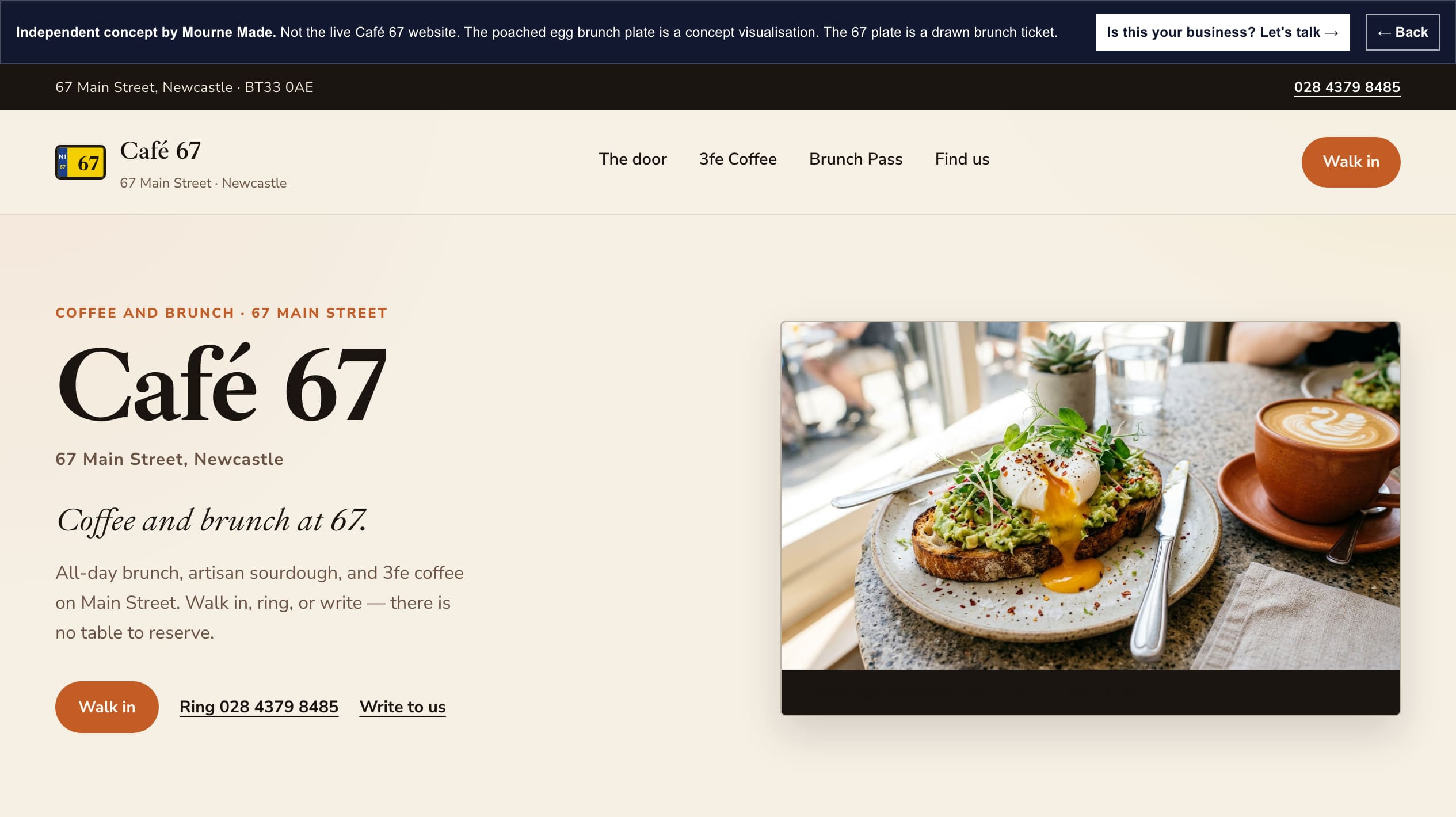 Mourne Made concept opening screen for Café 67, captured from the local concept route