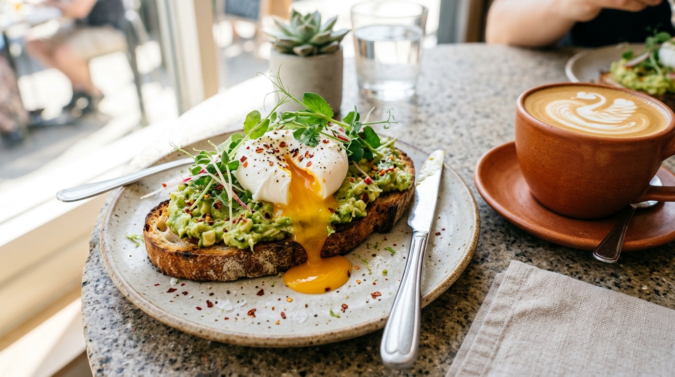 Poached eggs on sourdough with avocado and a 3fe terracotta flat white