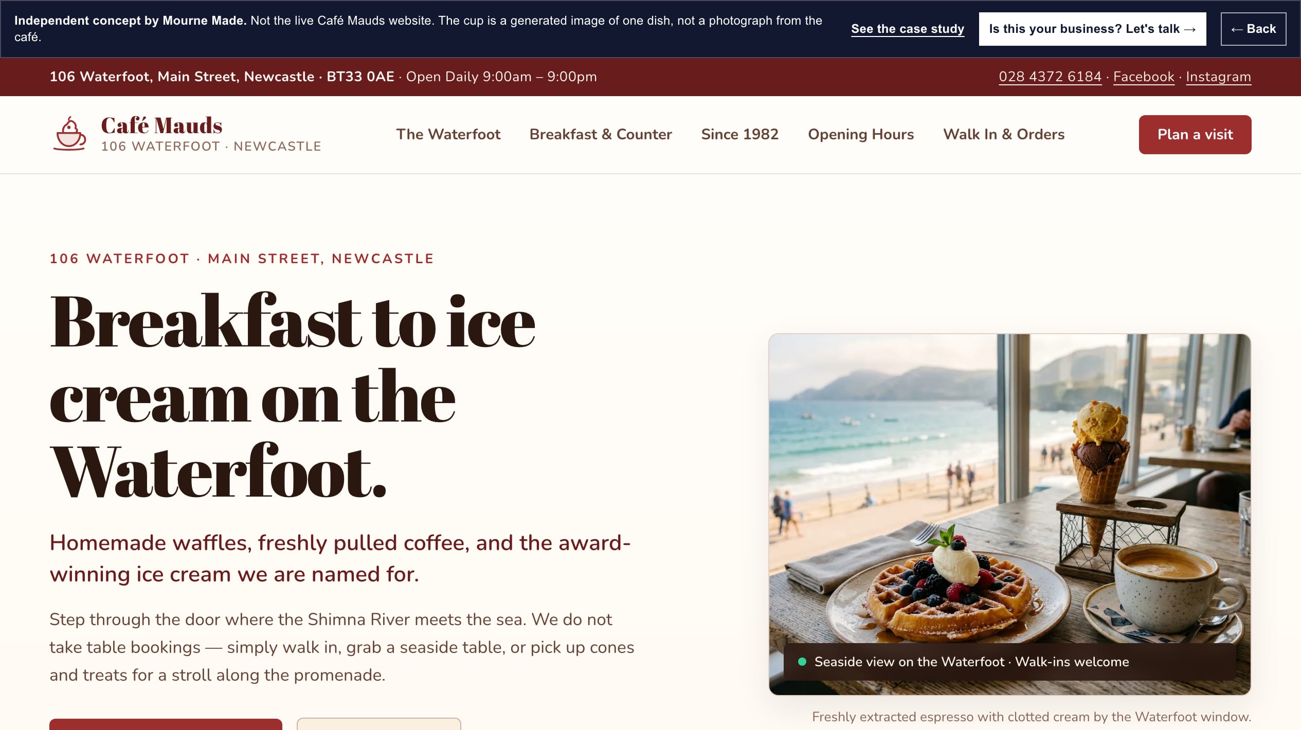 Mourne Made concept opening screen for Café Mauds, captured from the local concept route