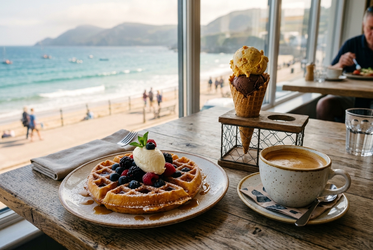 A white cup of coffee with a peak of cream on a wooden cafe table in window light