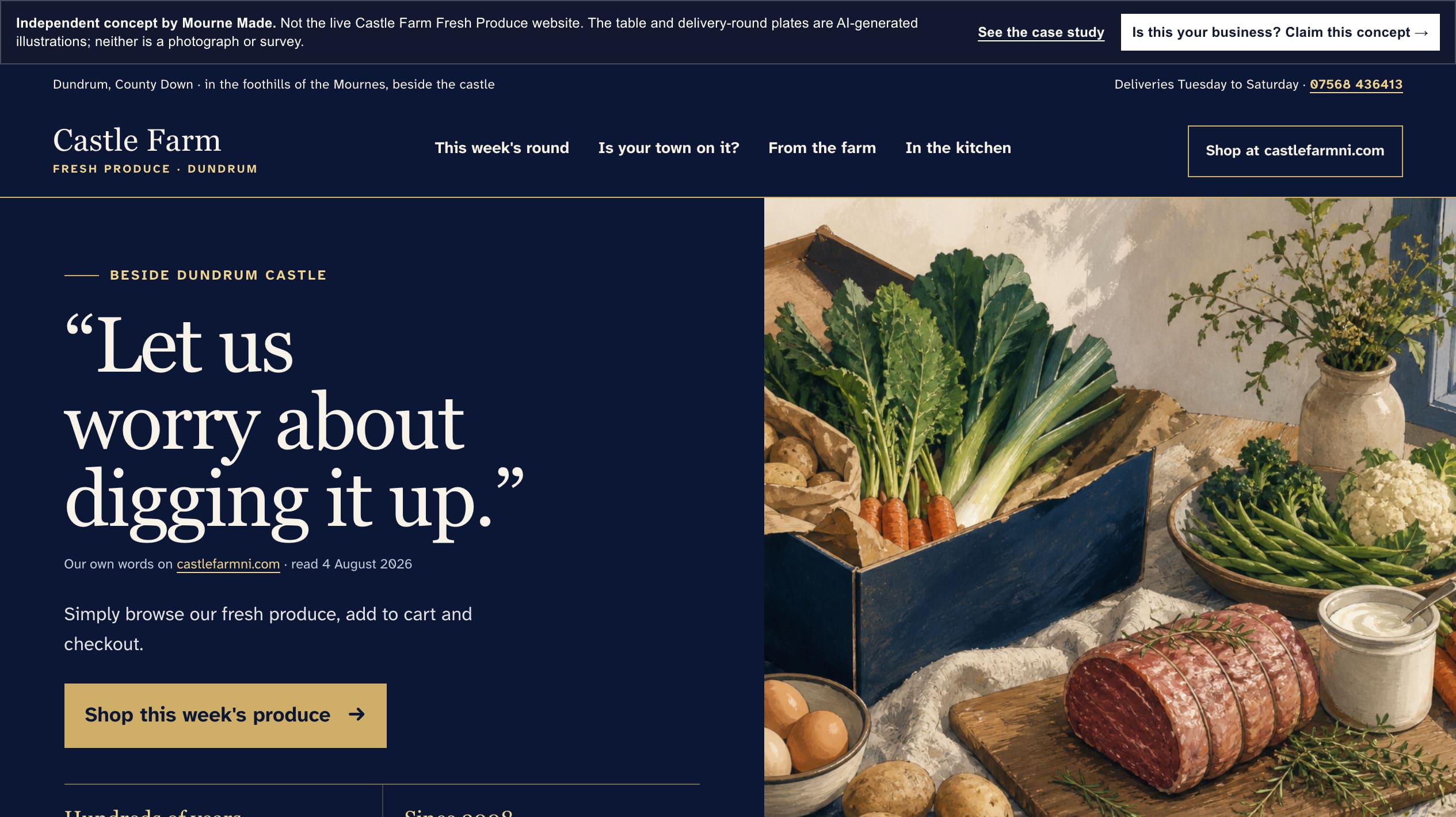 Mourne Made concept showing Castle Farm produce, a concise promise and one clear shop action