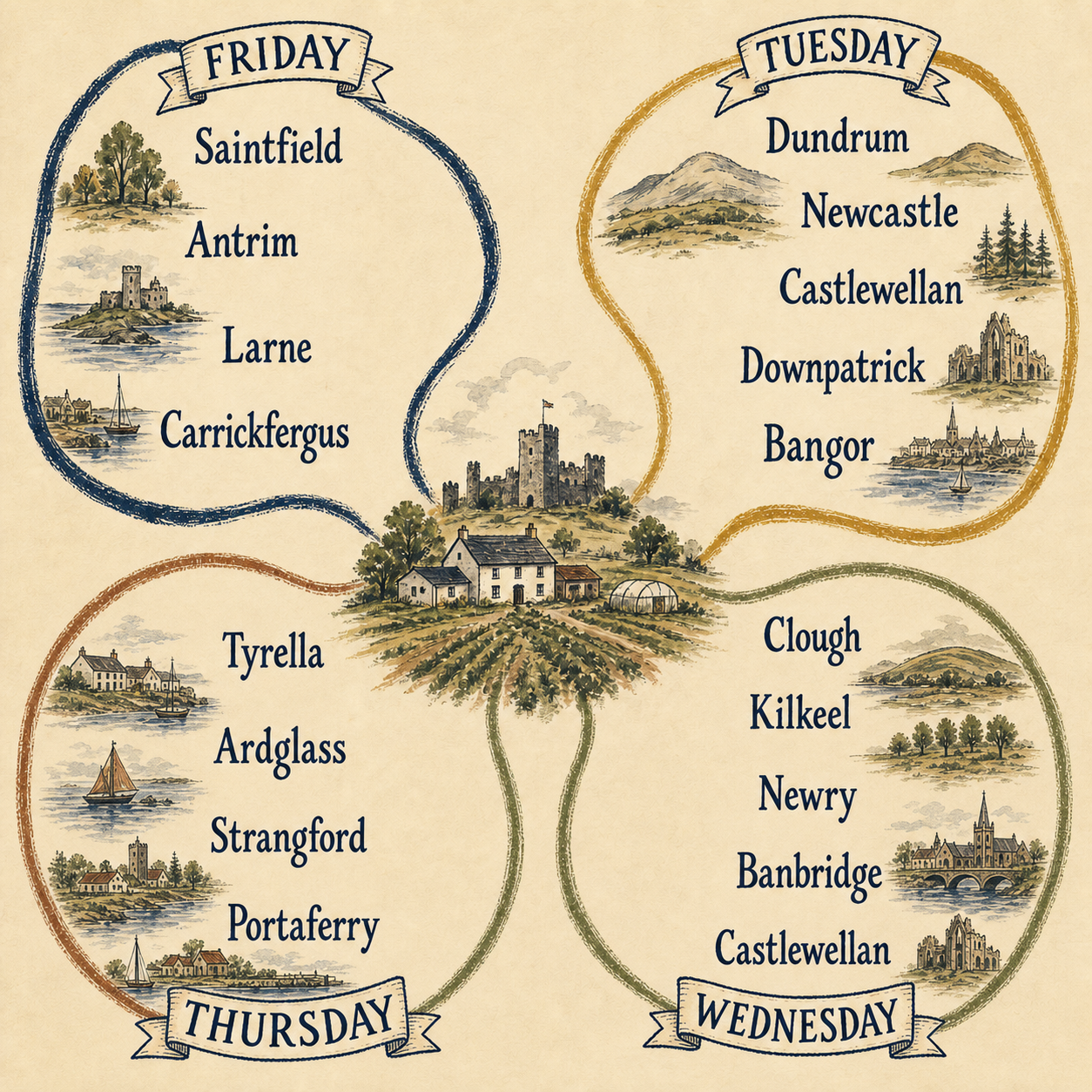 Hand-drawn Castle Farm delivery round plate with the farm beside Dundrum Castle at the centre and four loops labelled Tuesday, Wednesday, Thursday and Friday, carrying the published town names