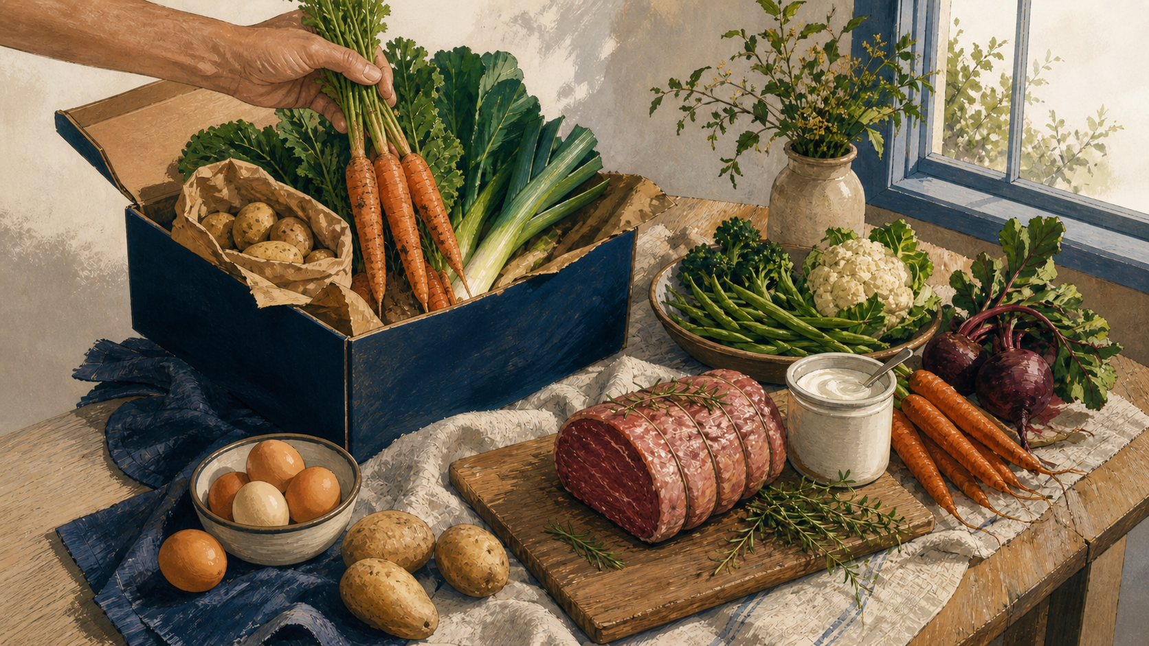 A hand placing carrots into a possible mixed box beside an Angus beef joint, eggs, potatoes, seasonal vegetables and plain yoghurt