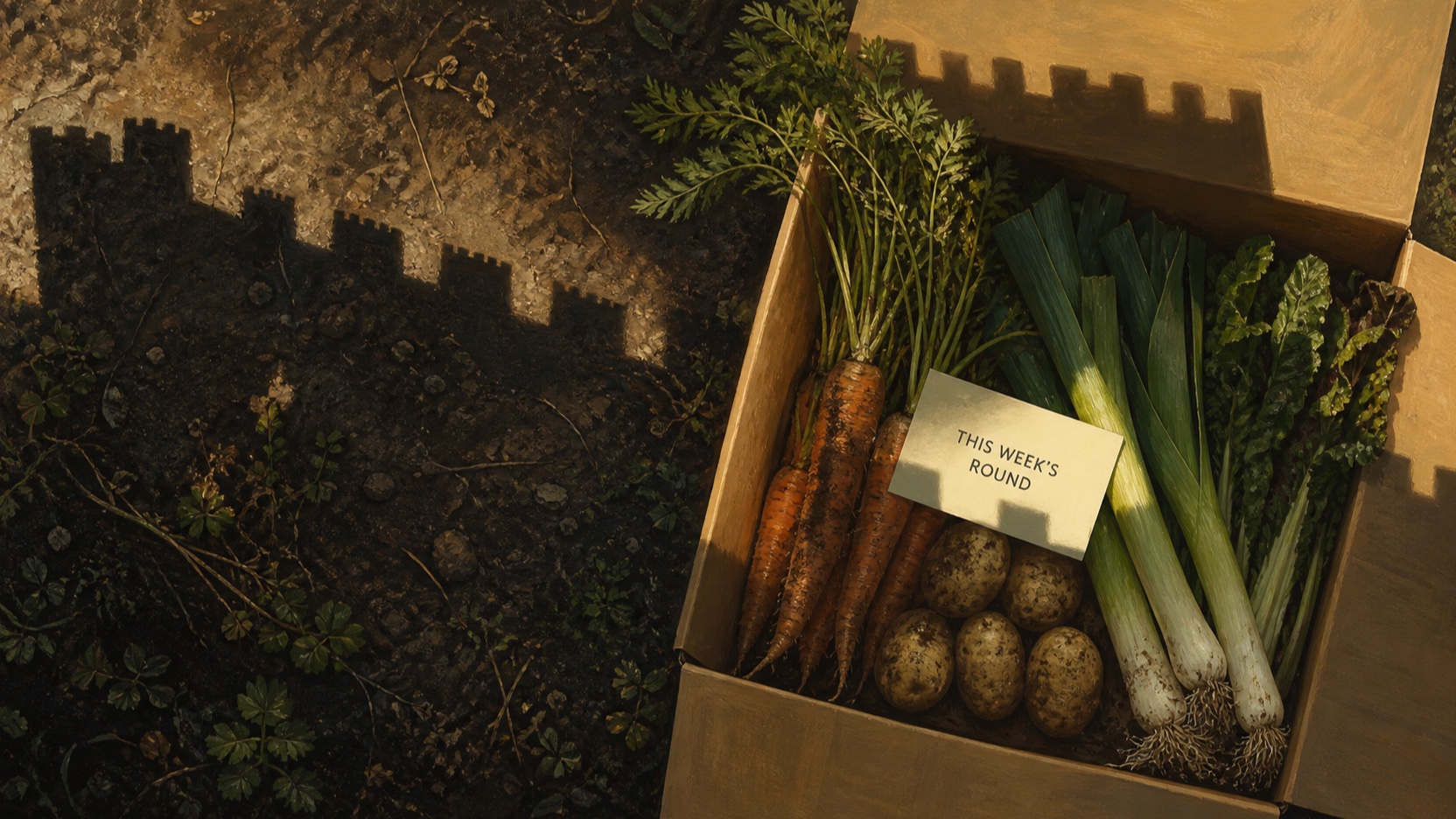 AI-generated overhead scene of fresh vegetables in a delivery box under a castle-shaped shadow