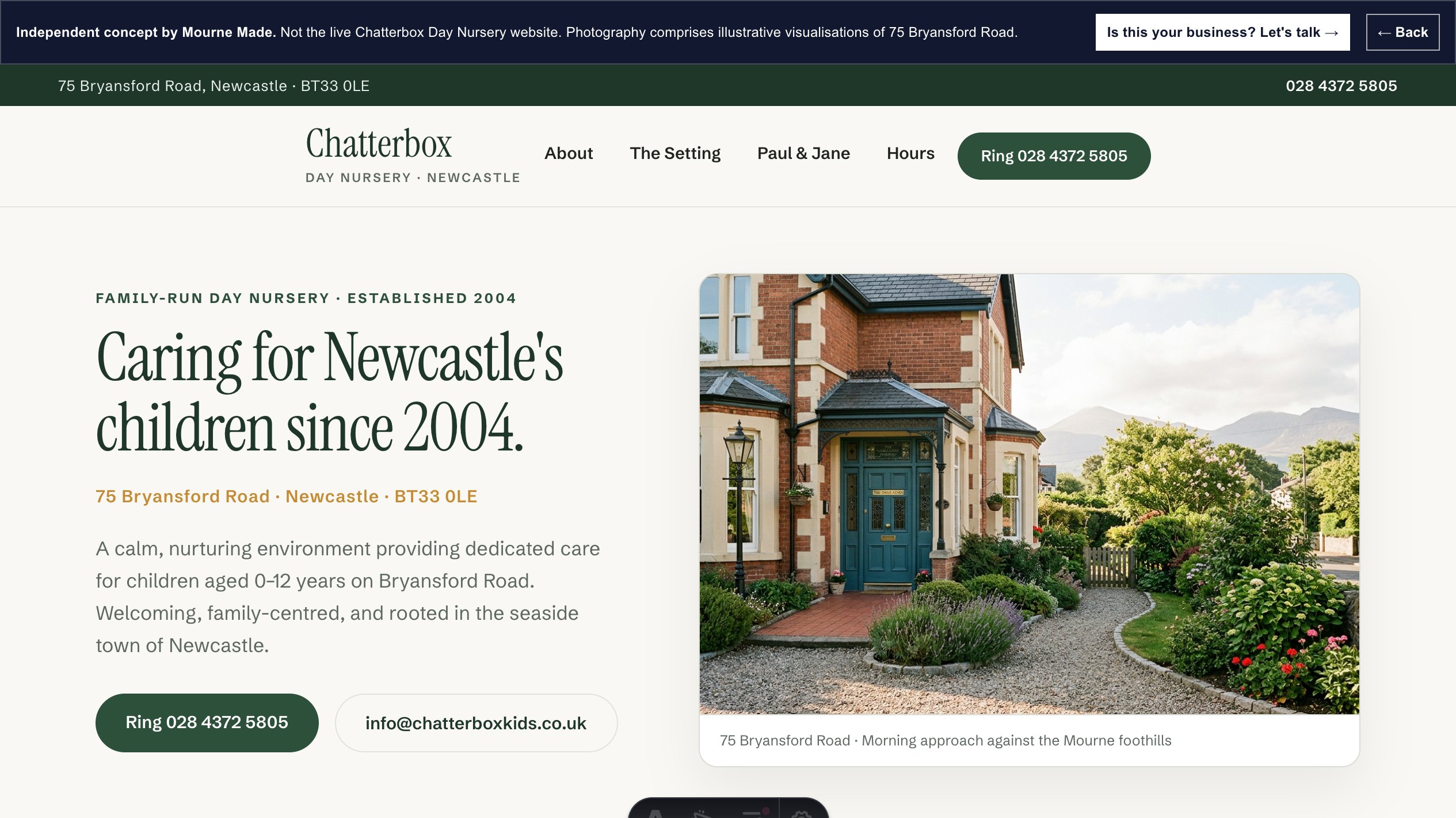 Mourne Made concept opening screen for Chatterbox Day Nursery, captured from the local concept route